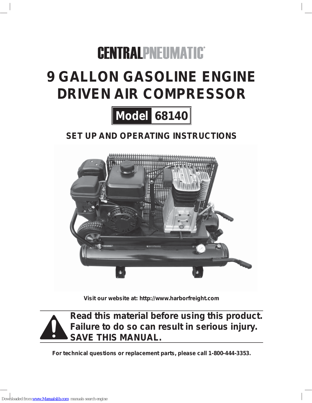 Central Pneumatic 68140 Set Up And Operating Instructions Manual