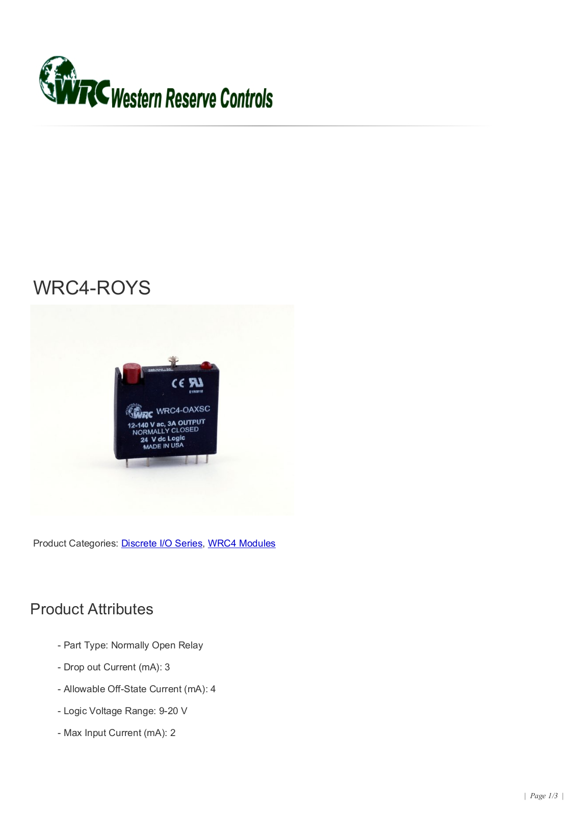 Western Reserve Controls WRC4-ROYS Data Sheet