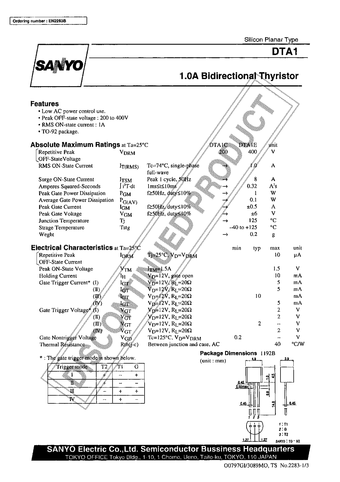 Sanyo DTA1 Specifications