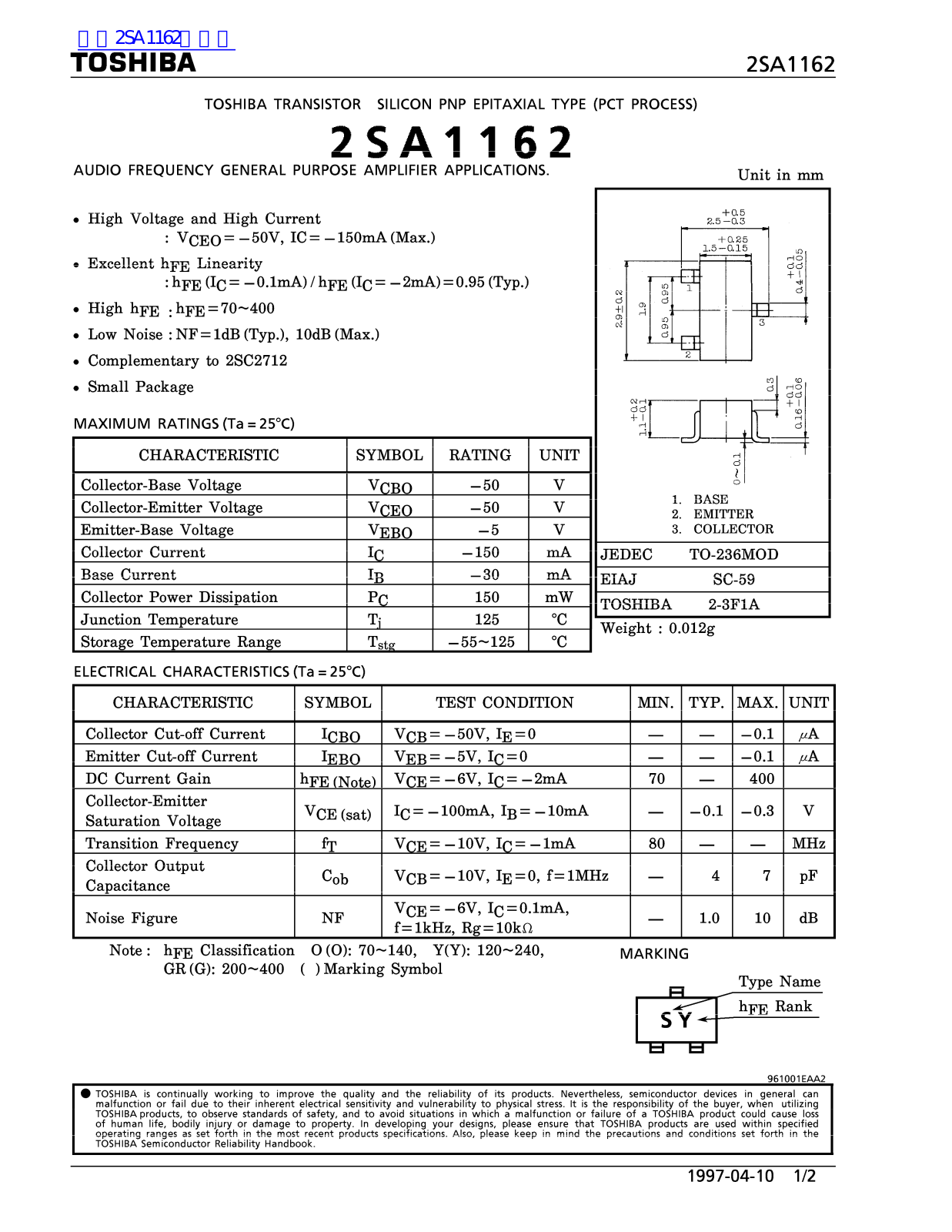 TOSHIBA 2SA1162 Service manual