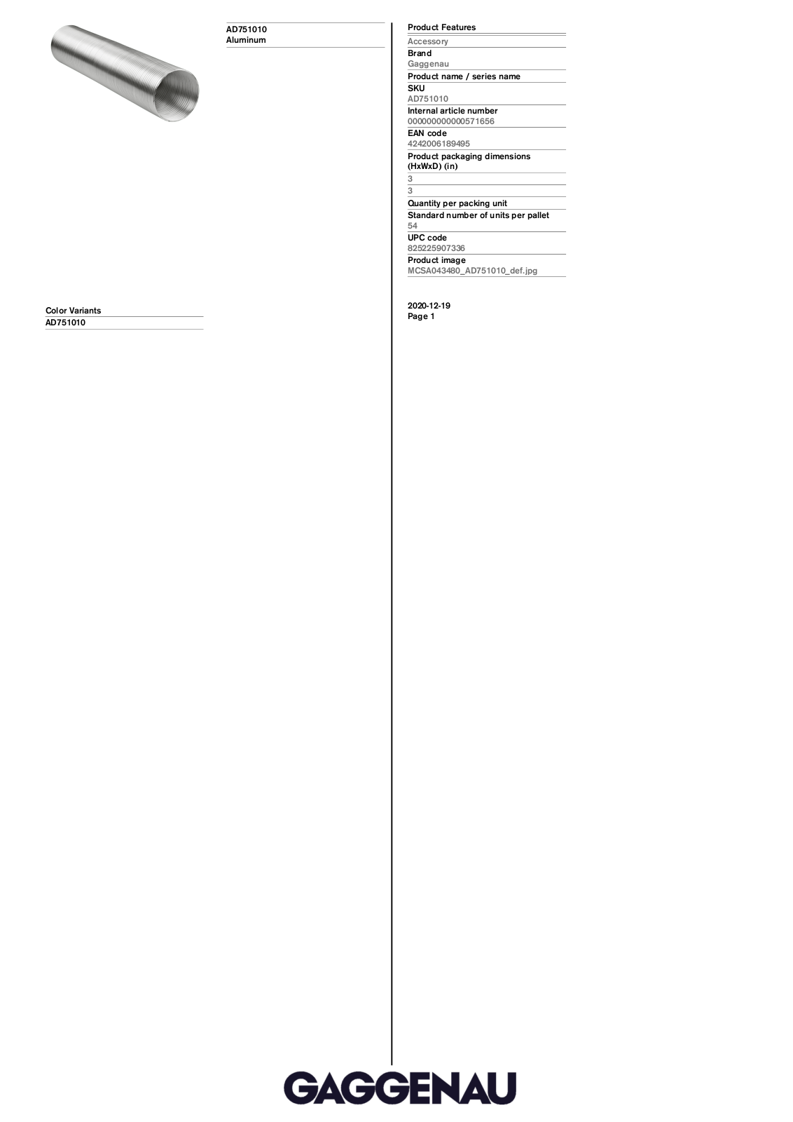 Gaggenau AD751010 Specification Sheet