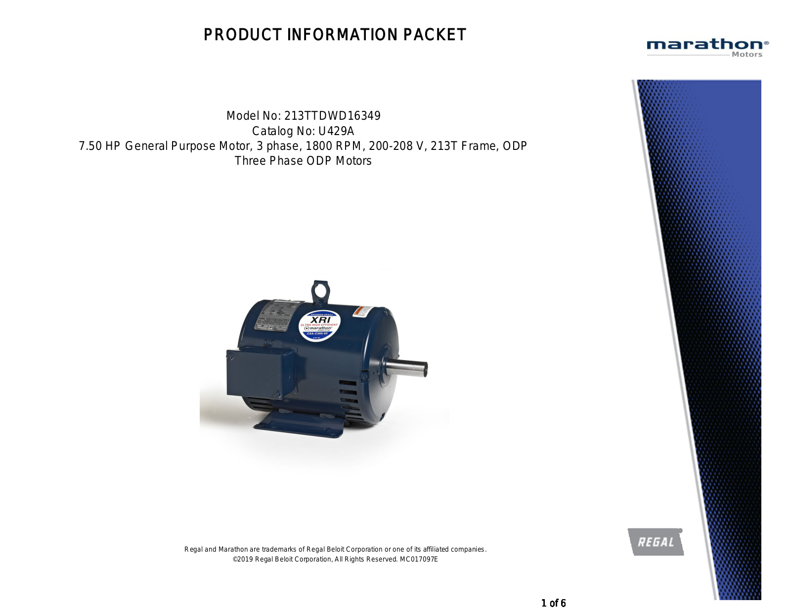 Marathon Electric 213TTDWD16349 Product Information Packet