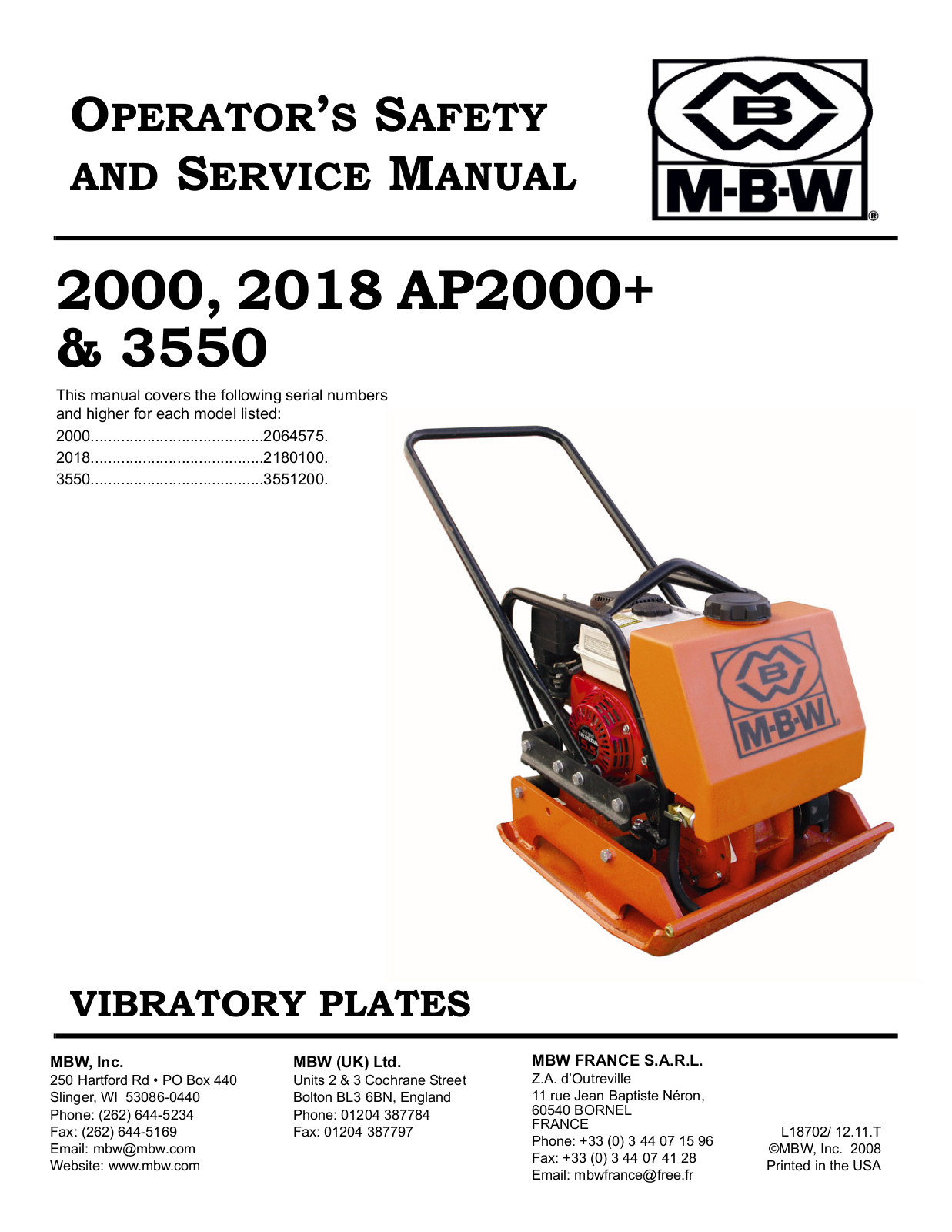 MBW 2000, 2018 Service Manual