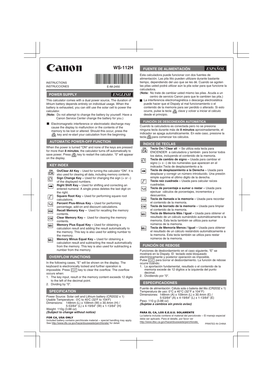 Canon WS-112H Instructions Manual