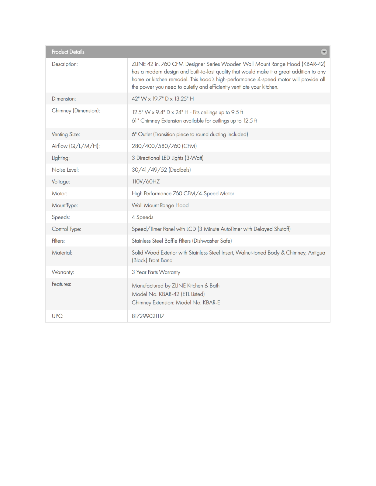 ZLINE KBAR42 Specifications