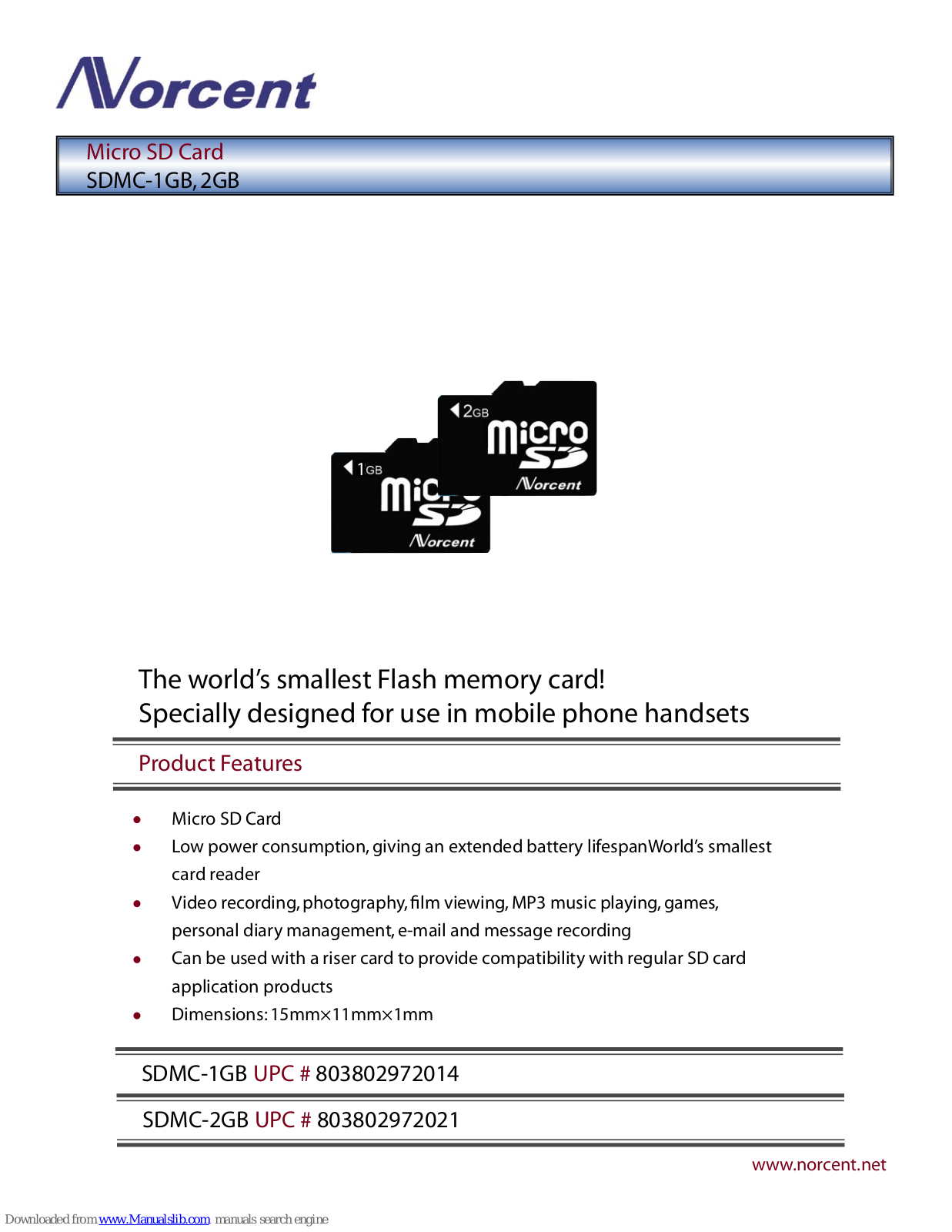 Norcent SDMC-1GB UPC # 803802972014, SDMC-2GB Specification Sheet