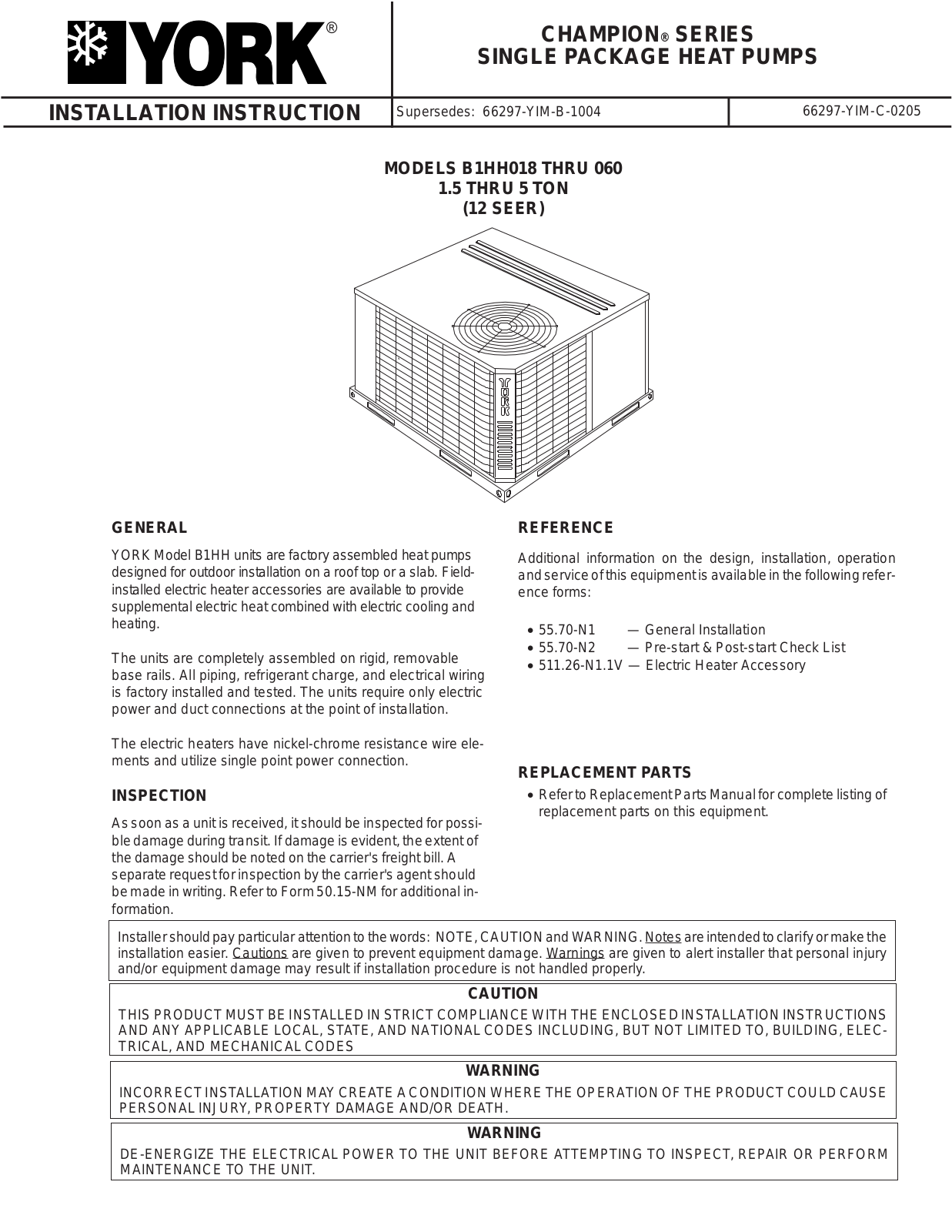 York B1HH018, THRU 060 User Manual