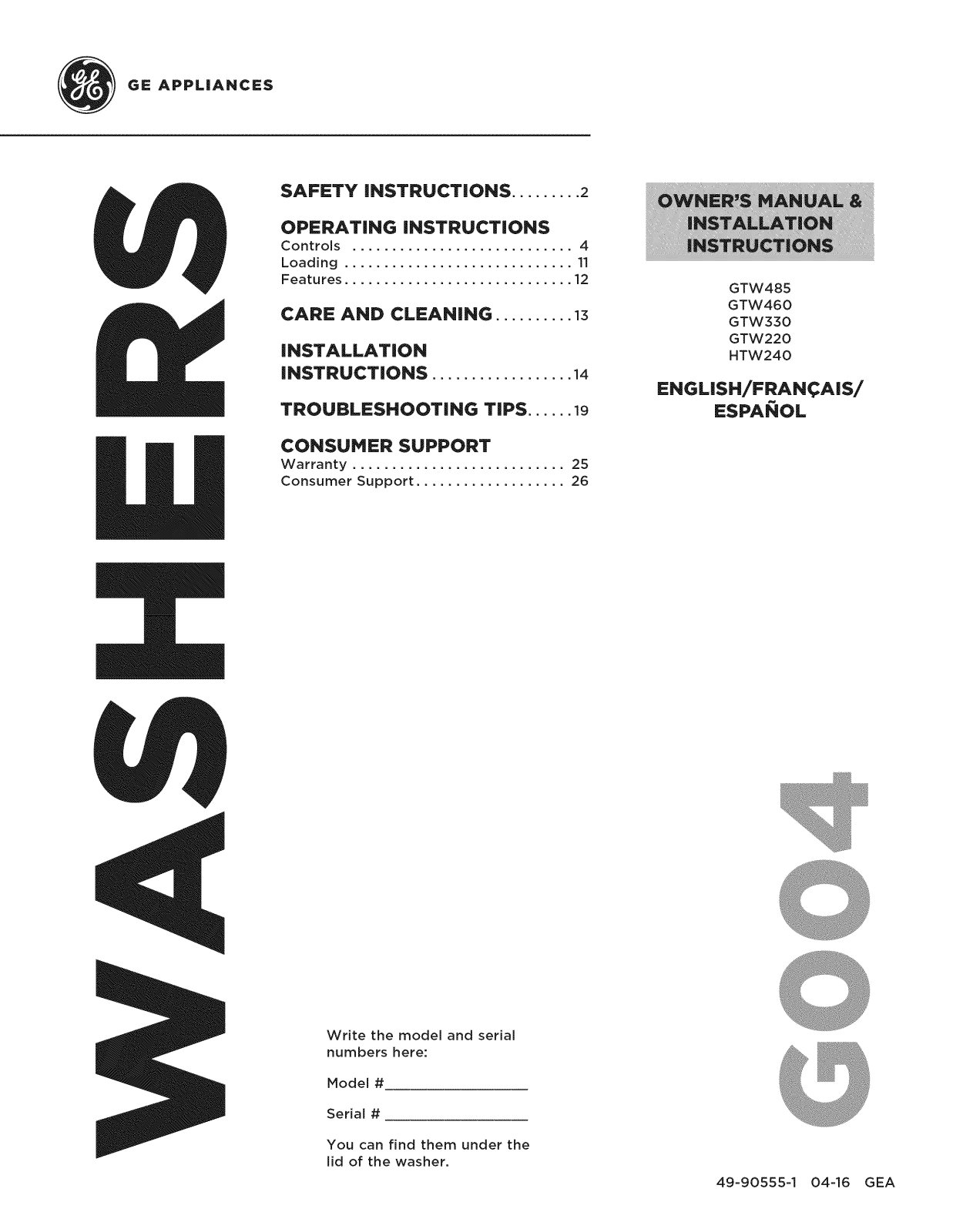 GE GTW485ASJ1WS, GTW330ASK1WW, GTW330ASK0WW Owner’s Manual