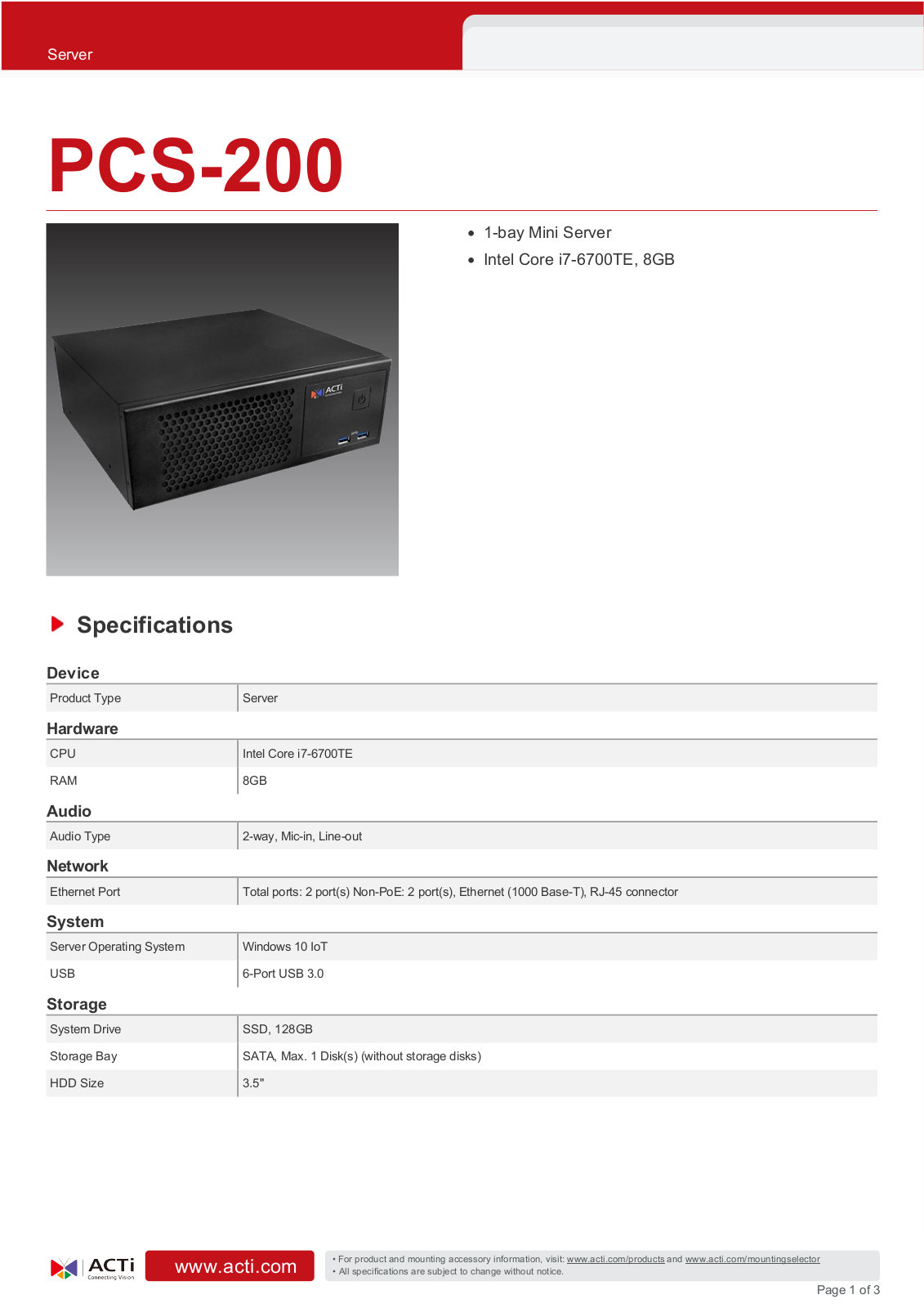 ACTi PCS-200 Specsheet