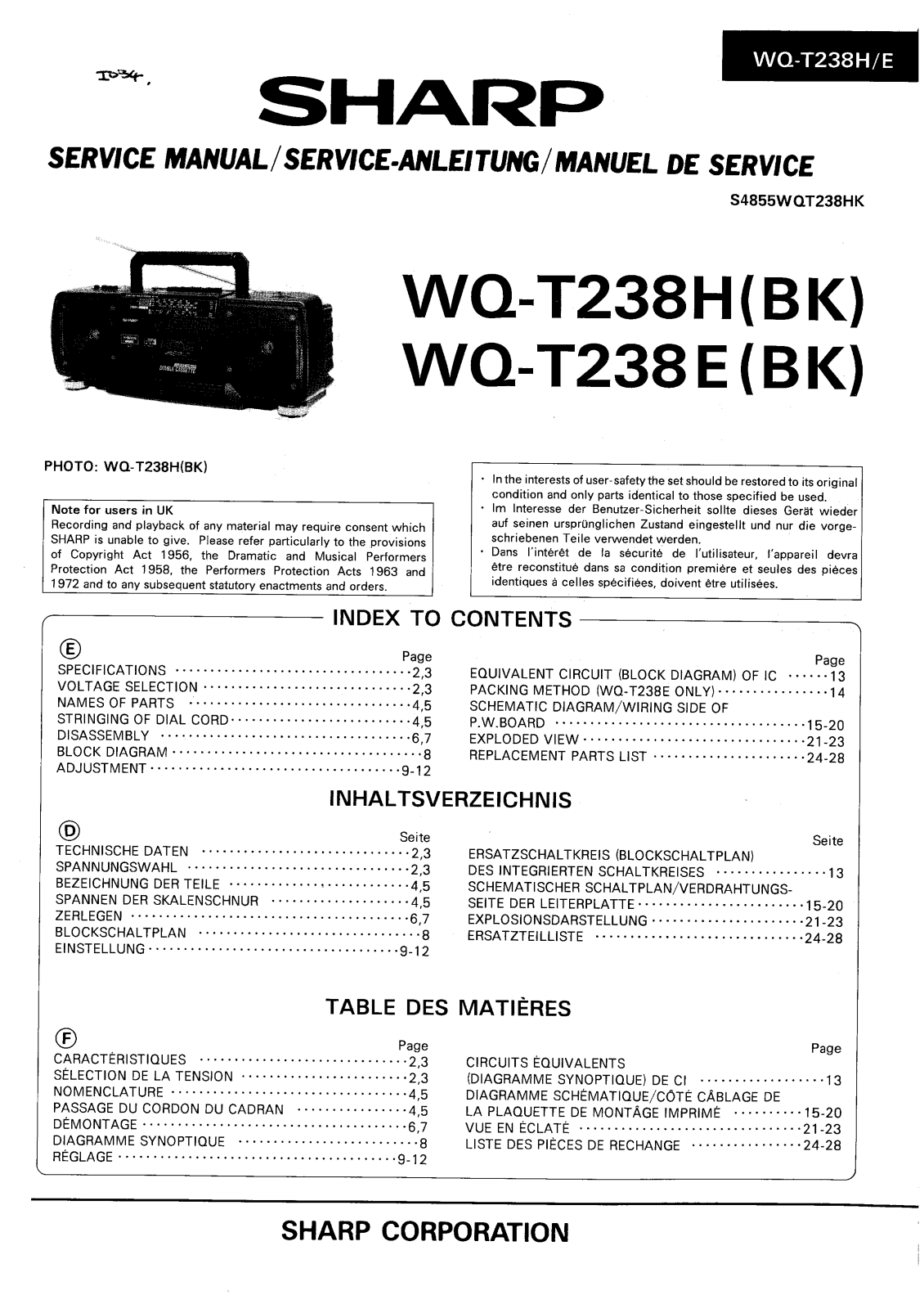 Sharp WQ-T238H, WQ-T238E Service manual