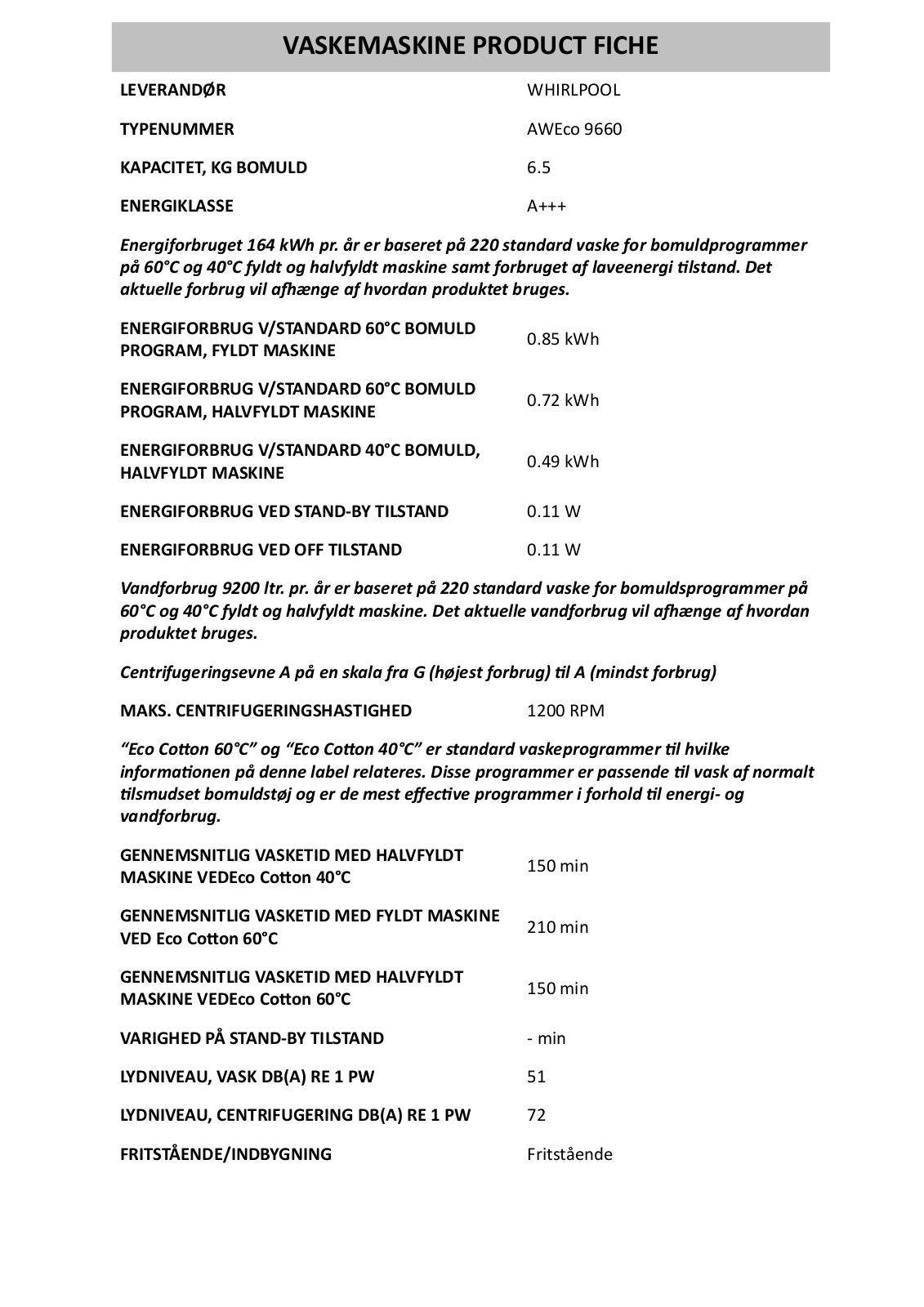 Whirlpool AWECO 9660 OPLYSNINGSSKEMA User Manual