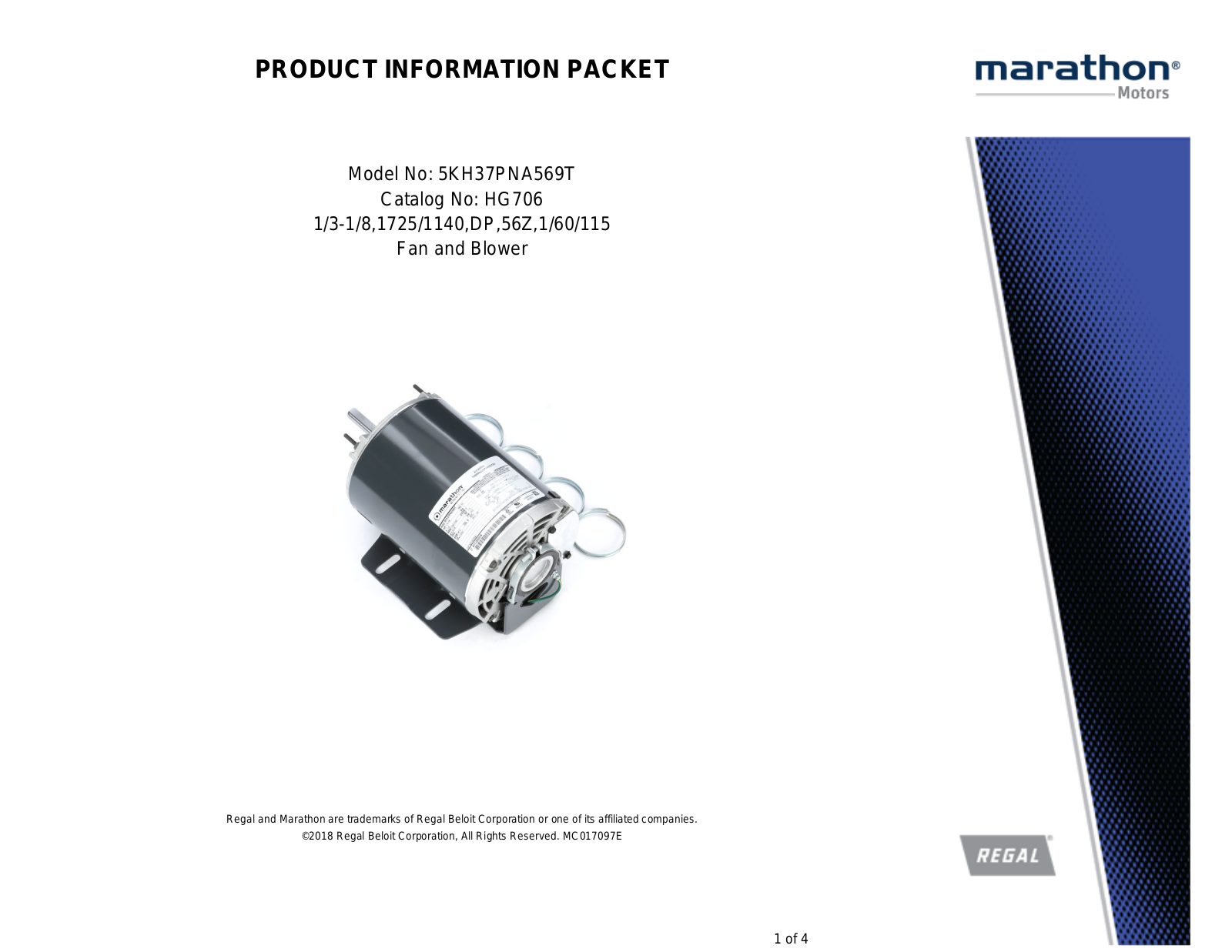 Marathon Electric 5KH37PNA569T Product Information Packet