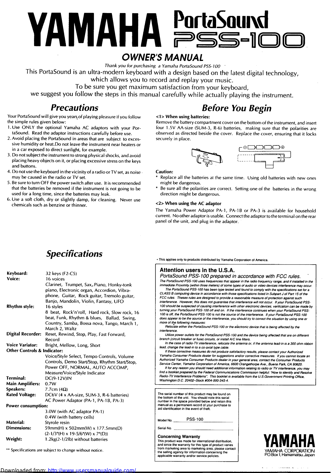 Yamaha Audio PSS-100 User Manual