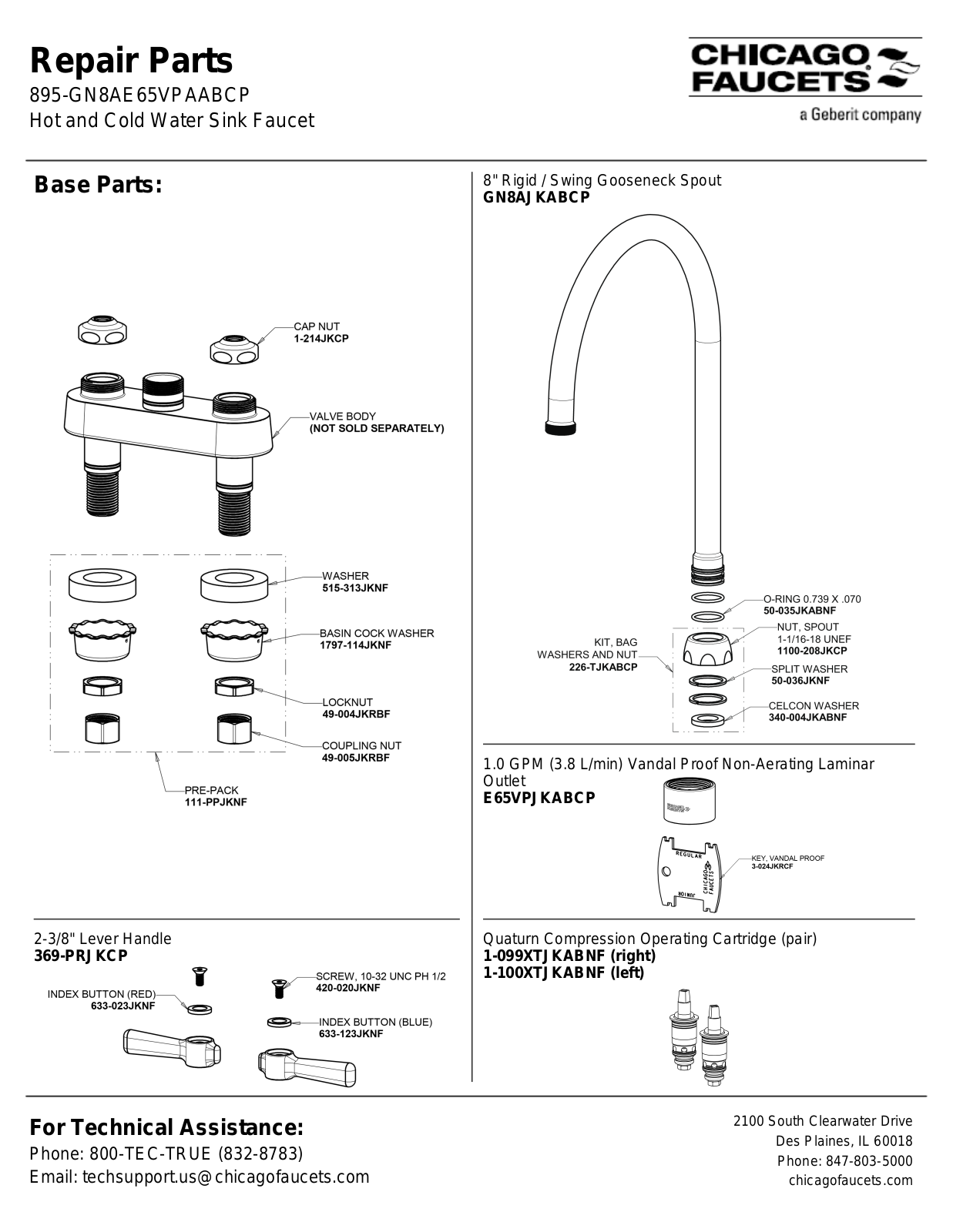 Chicago Faucet 895-GN8AE65VPAAB Parts List