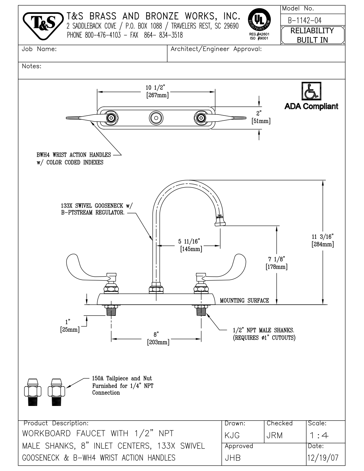 T & S Brass & Bronze Works B-1142-04 General Manual