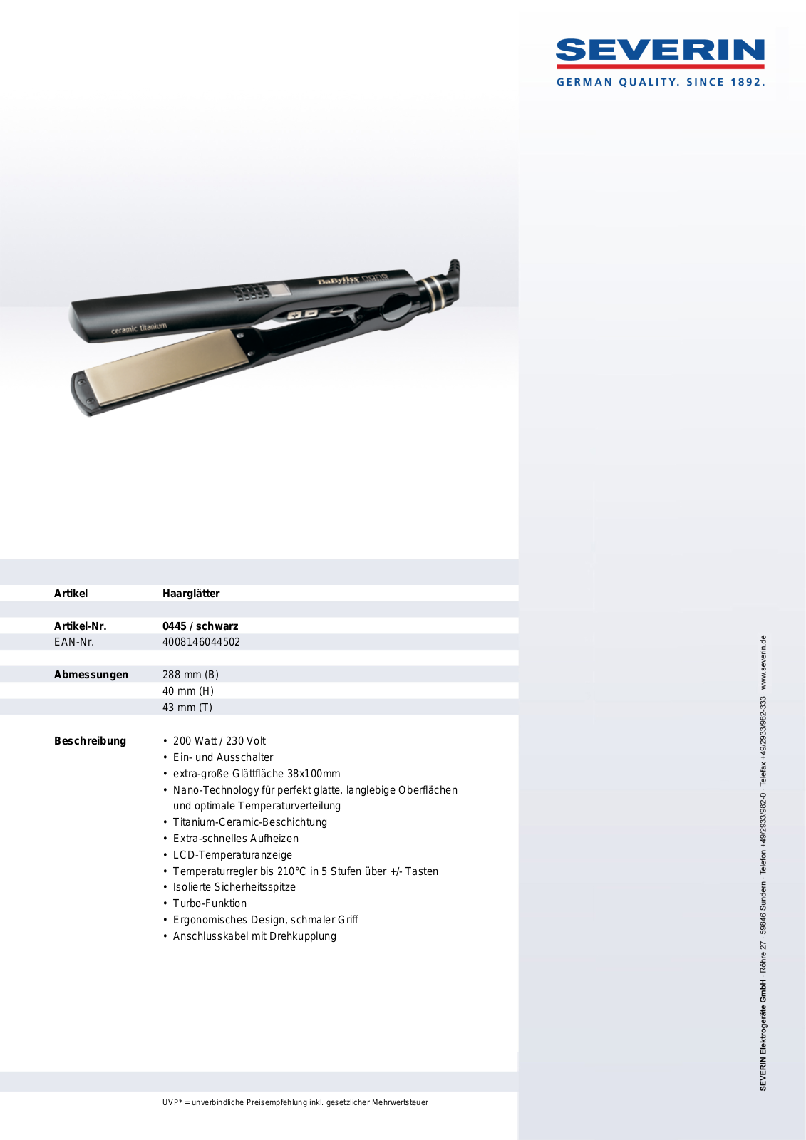 Severin 0445 DATASHEET