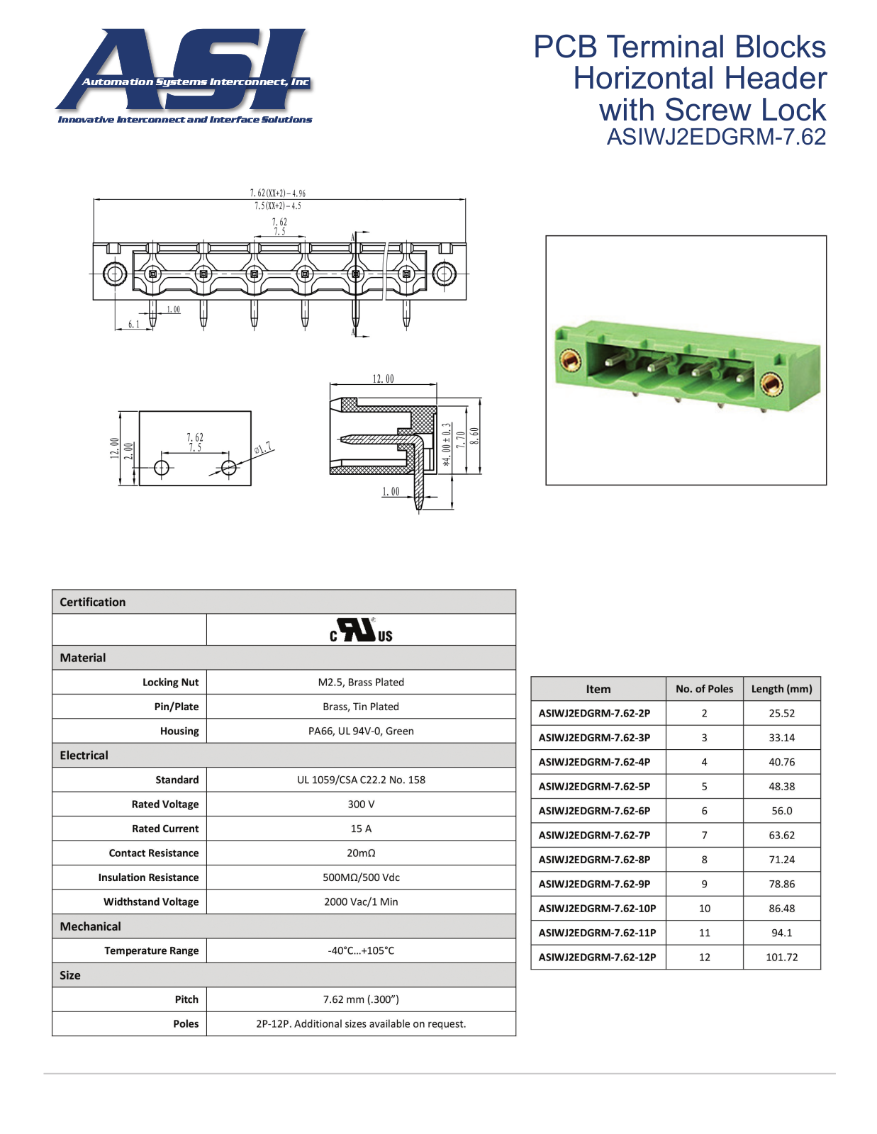 ASI-Automation Systems Interconnect ASIWJ2EDGRM-7.62 Data Sheet