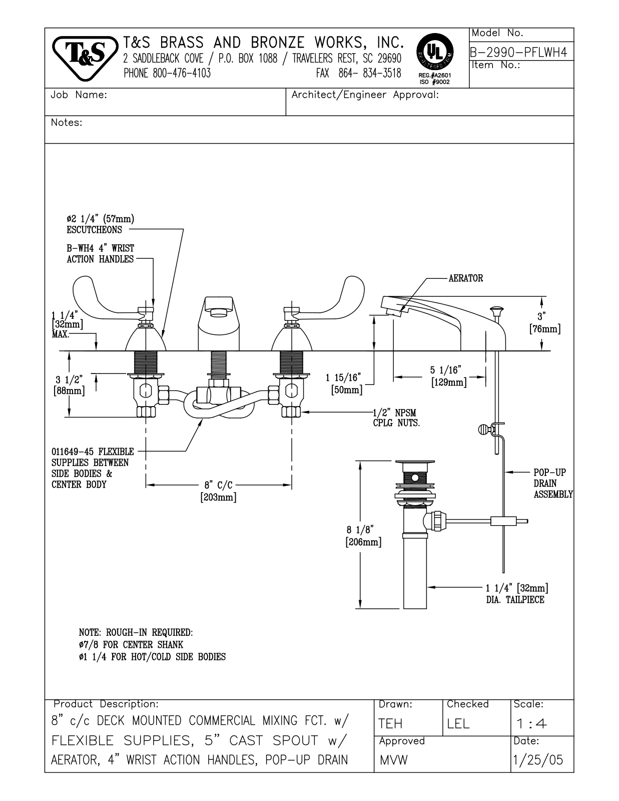 T&S Brass Manuals B-2990-PFLWH4 User Manual