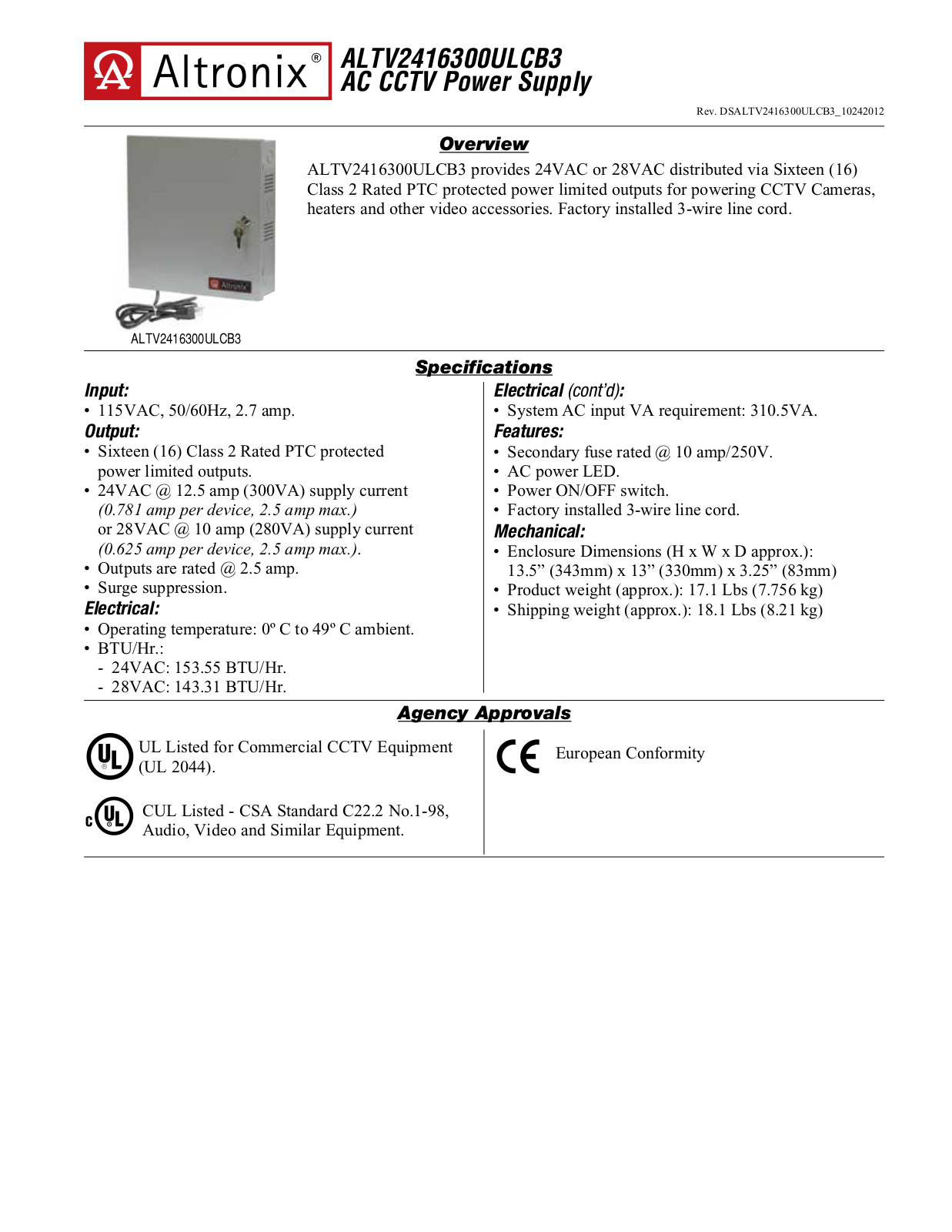 Altronix ALTV2416300ULCB3 Data Sheet