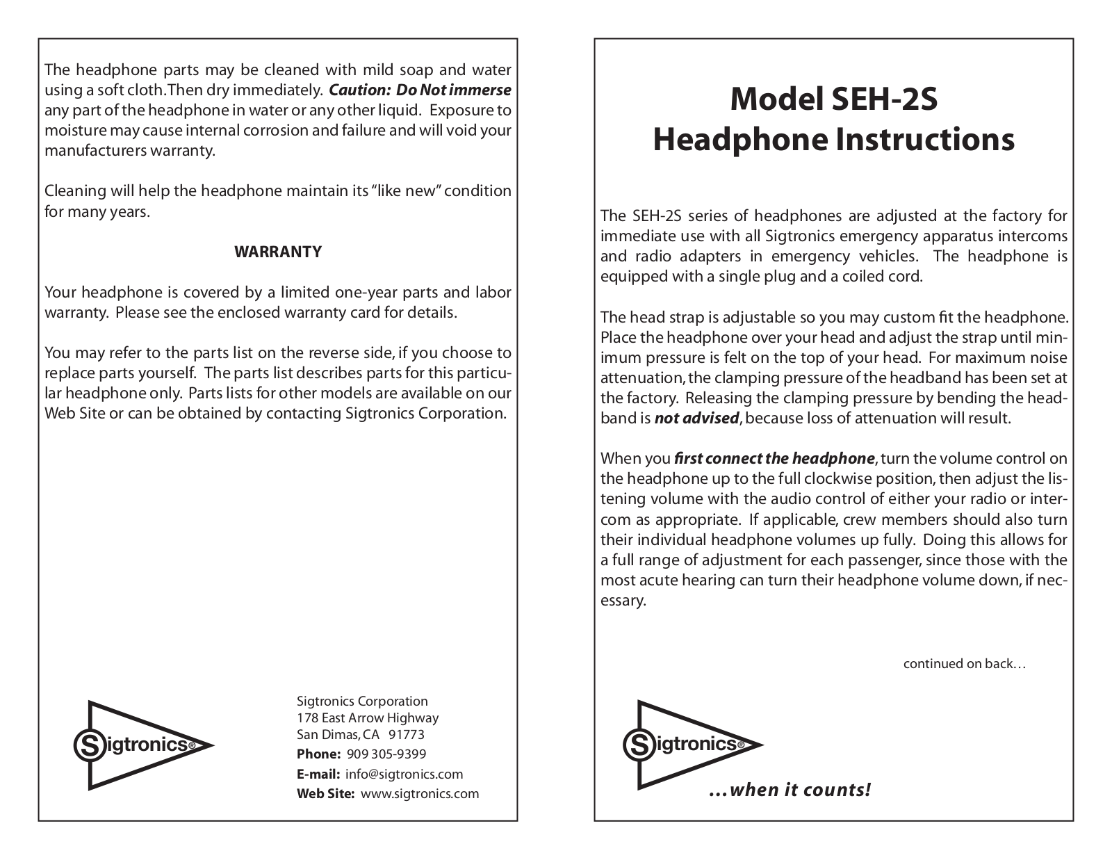 Sigtronics SEH-2S User Manual