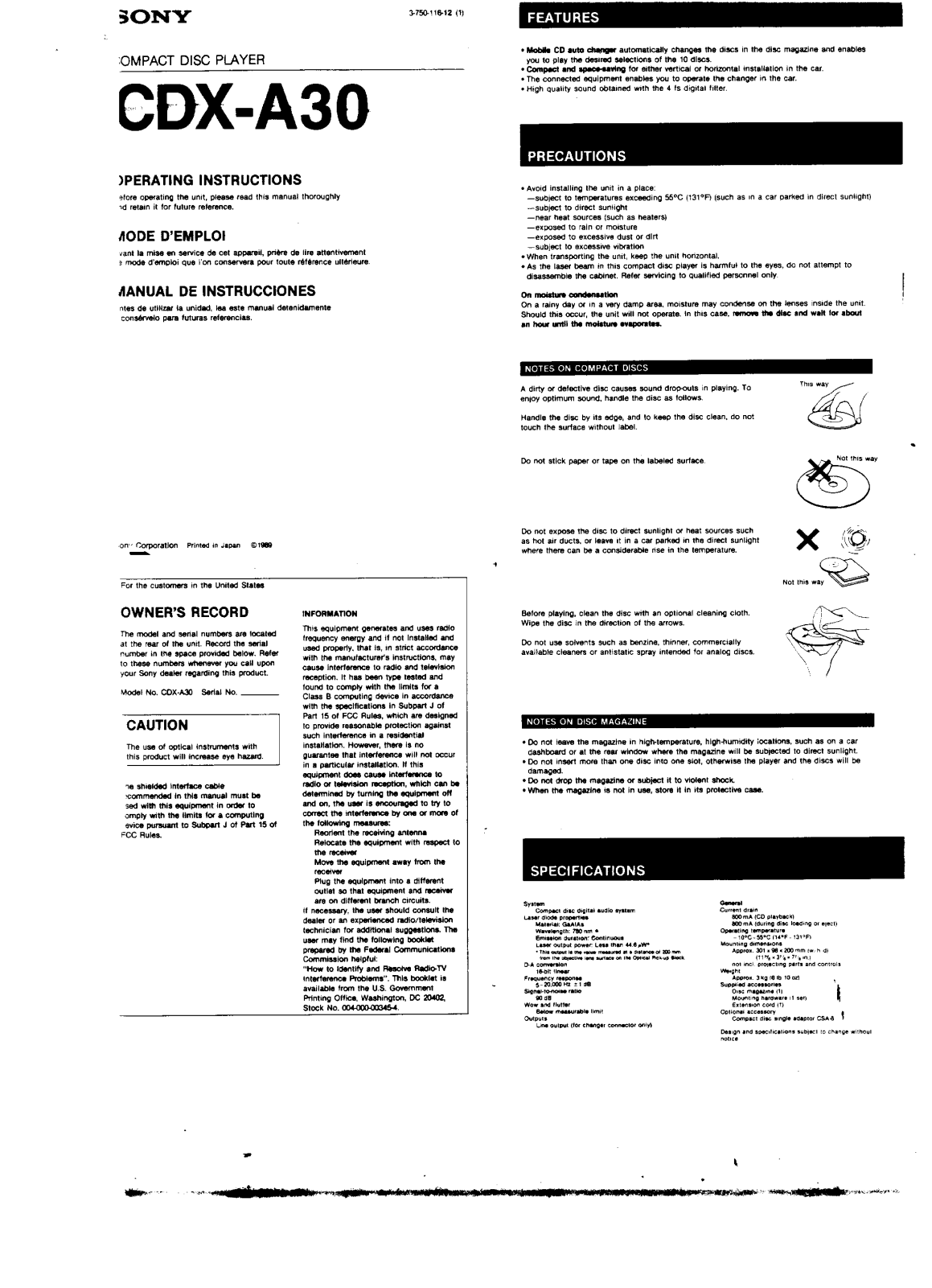 Sony CD-XA30 User Manual