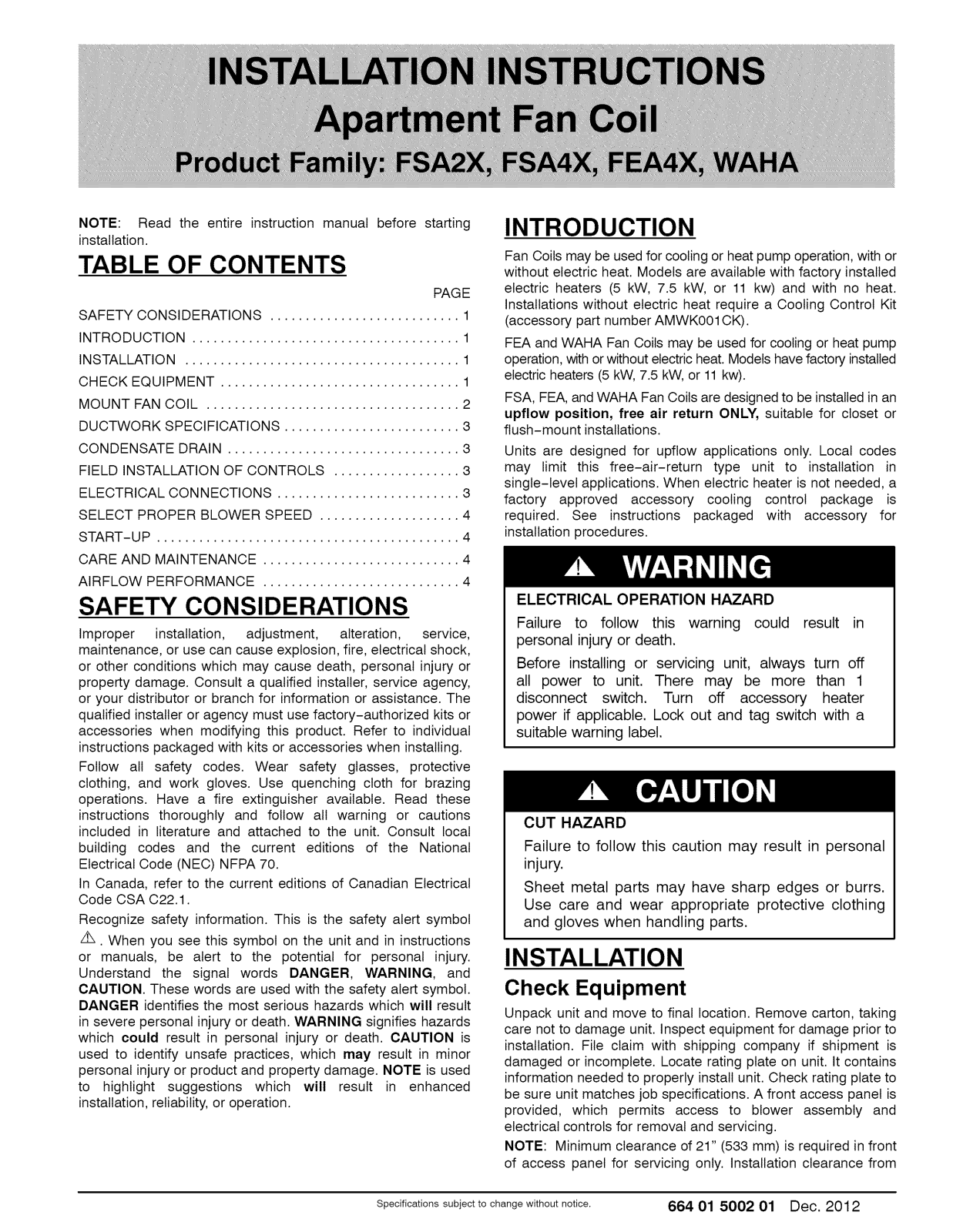 ICP FEA4X1805A1, FEA4X1807A1, FEA4X2405A1, FEA4X2407A1, FEA4X2411A1 Installation Guide - ManualMachine.com