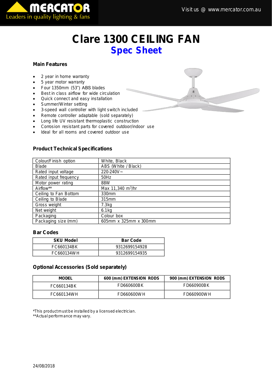 Mercator FC660134WH, FC660134BK Specifications Sheet