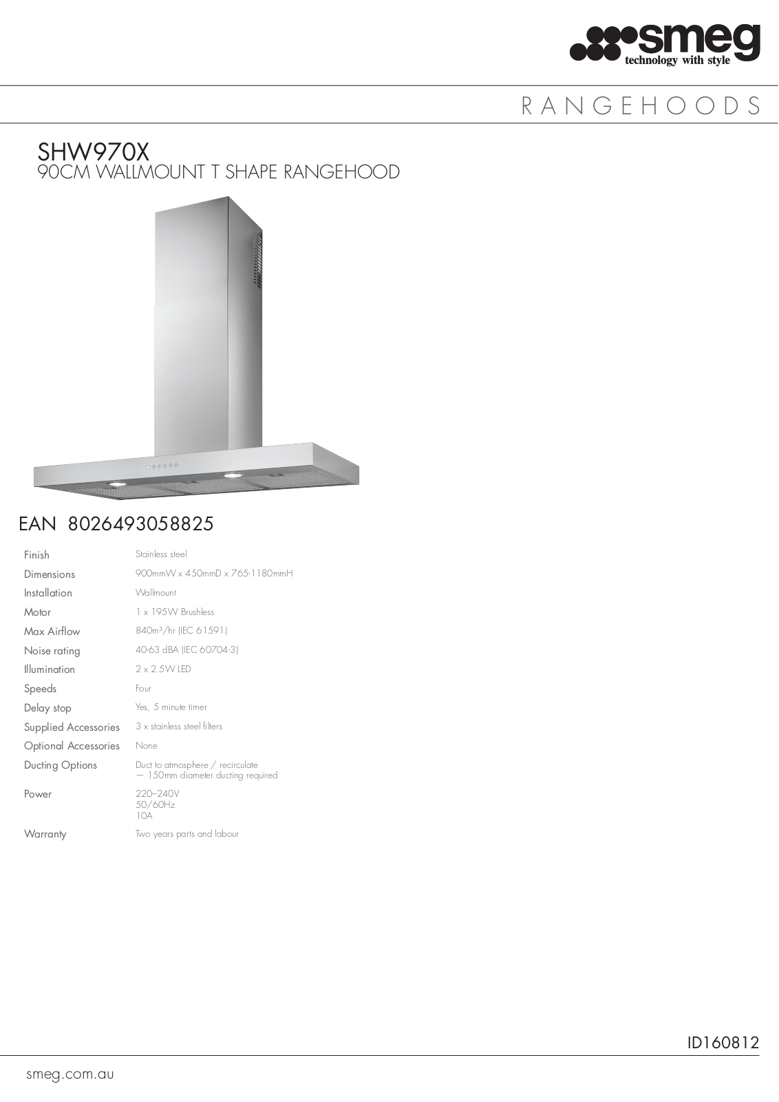 Smeg SHW970X Specifications Sheet