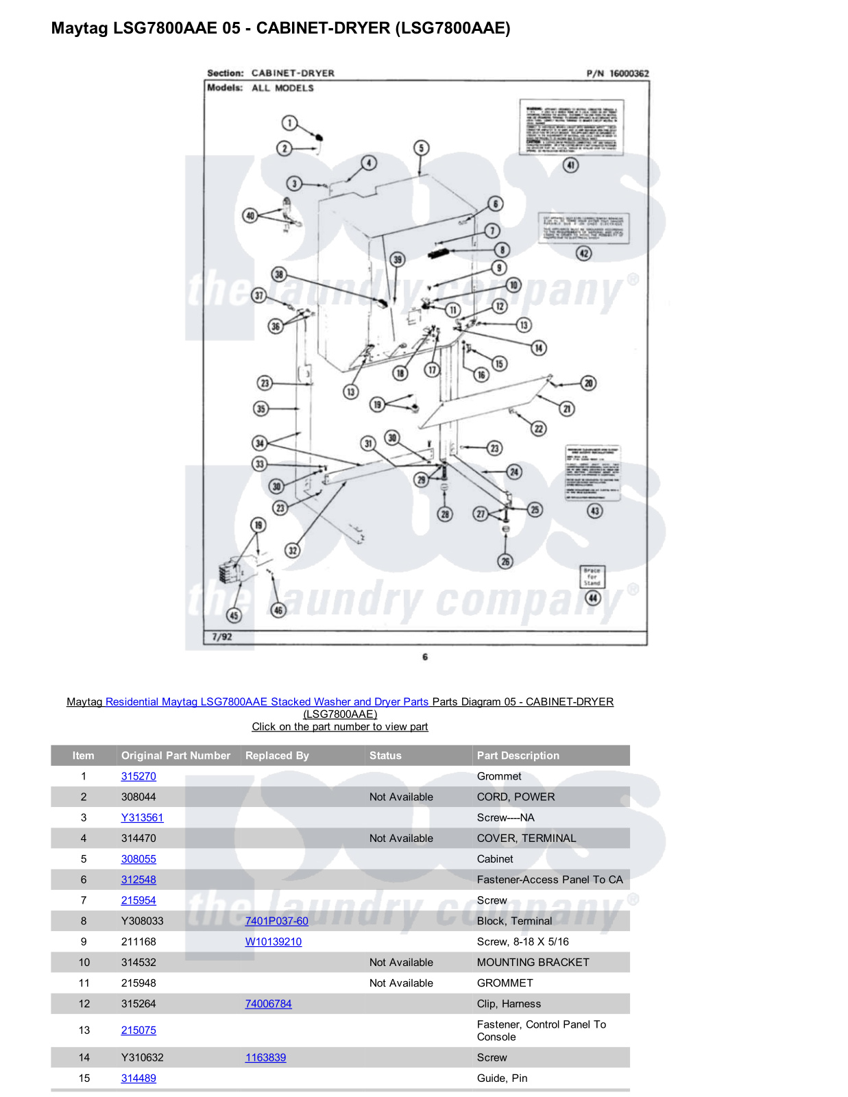 Maytag LSG7800AAE Stacked and Parts Diagram