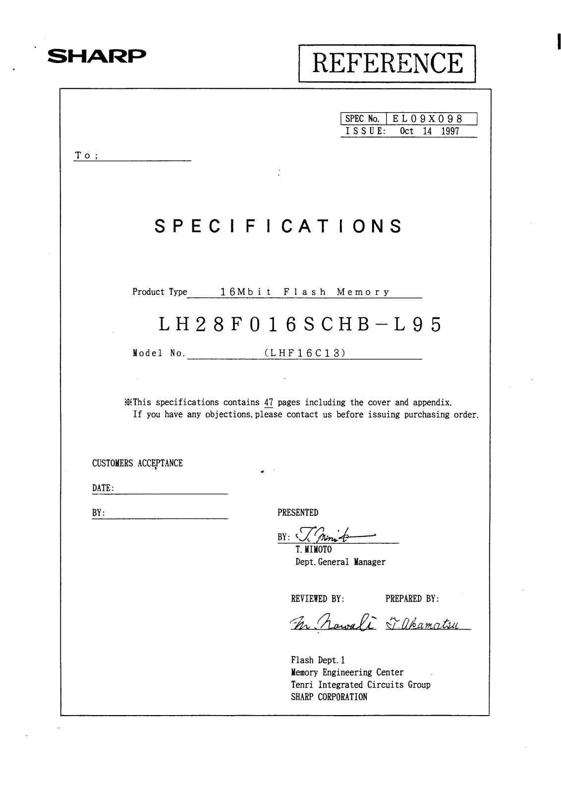 Sharp LH28F016SCHR-L120, LH28F016SCHR-L100, LH28F016SCHN-L95, LH28F016SCHN-L150, LH28F016SCHN-L100 Datasheet