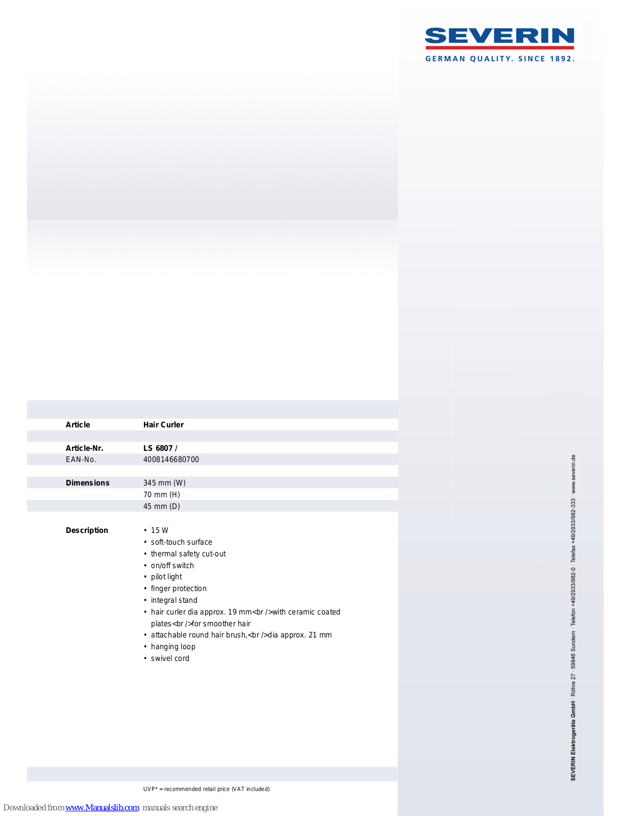 SEVERIN FRISIERSTAB LS 6807, LS 6807 Dimensions