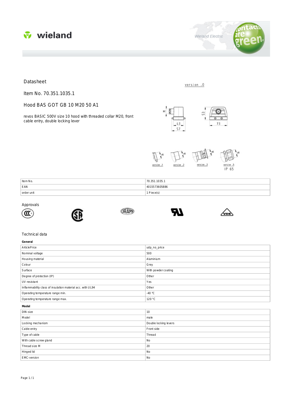 Wieland 70.351.1035.1 Data Sheet