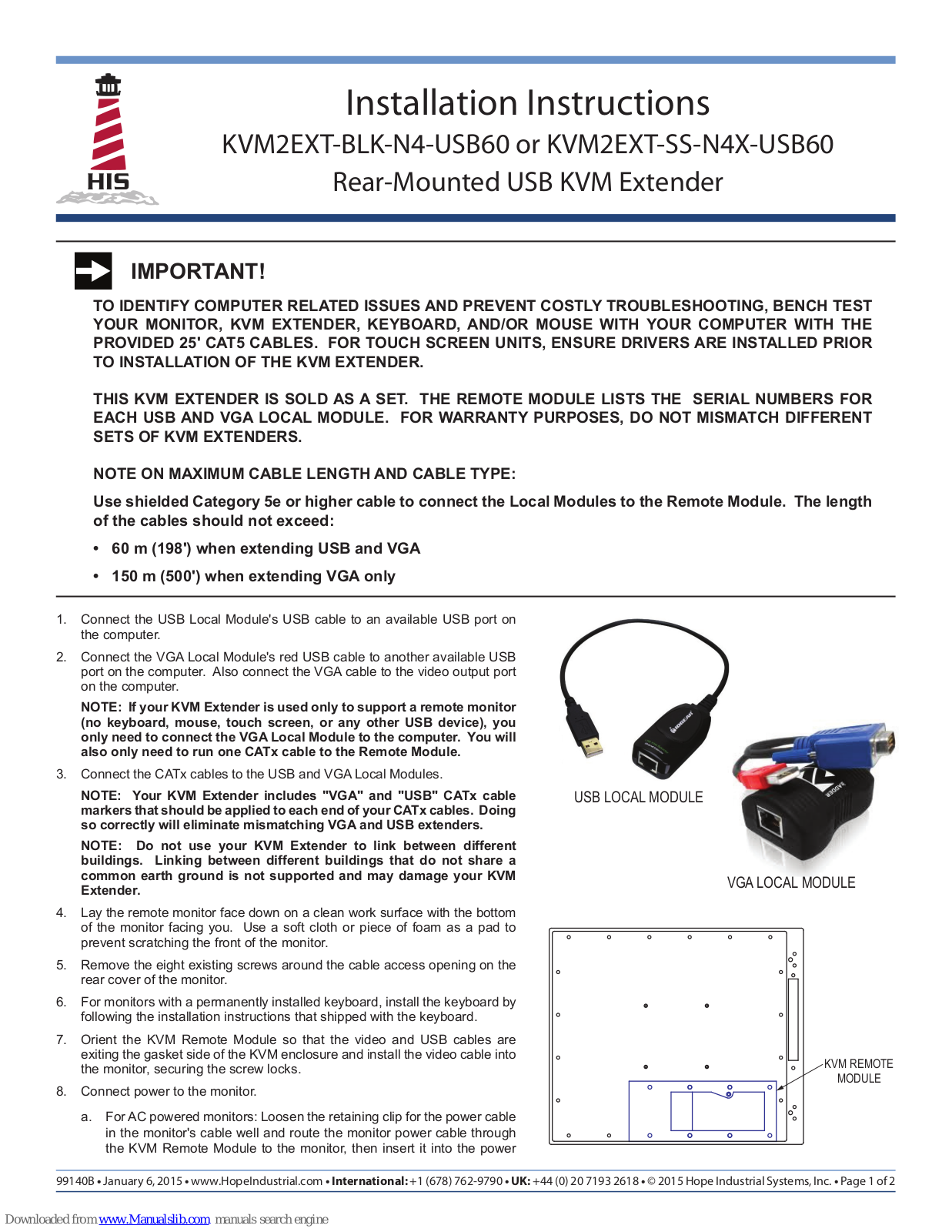 HIS KVM2EXT-BLK-N4-USB60, KVM2EXT-SS-N4X-USB60 Installation Instructions Manual