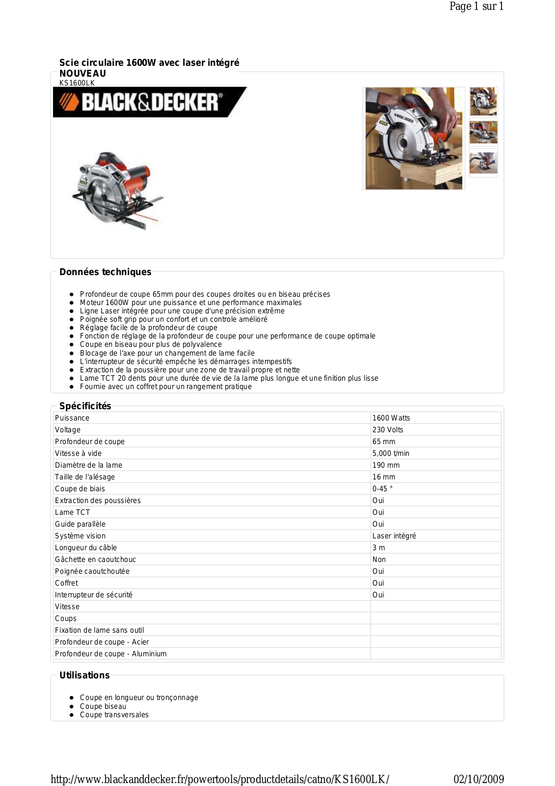 Black & decker KS1600LK DATASHEET