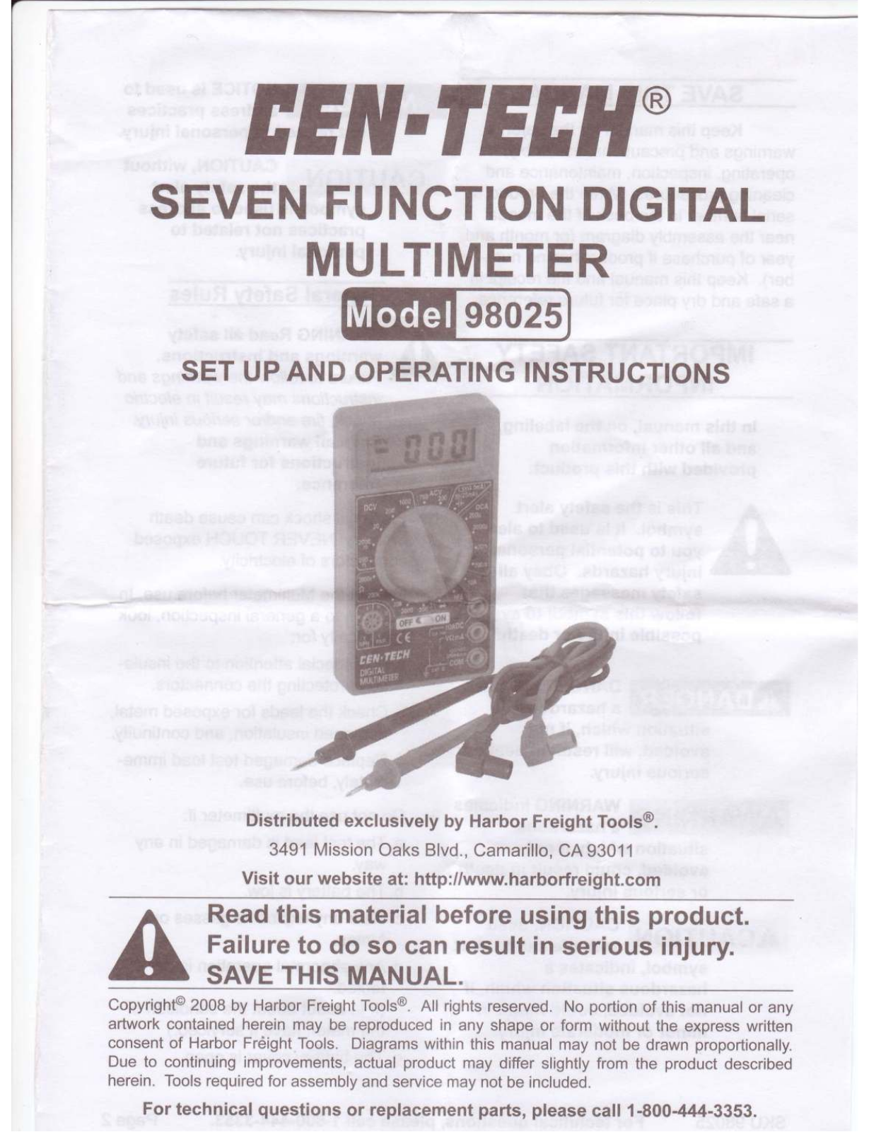 CEN-TECH 98025 Set Up And Operating Instructions Manual - ManualMachine.com