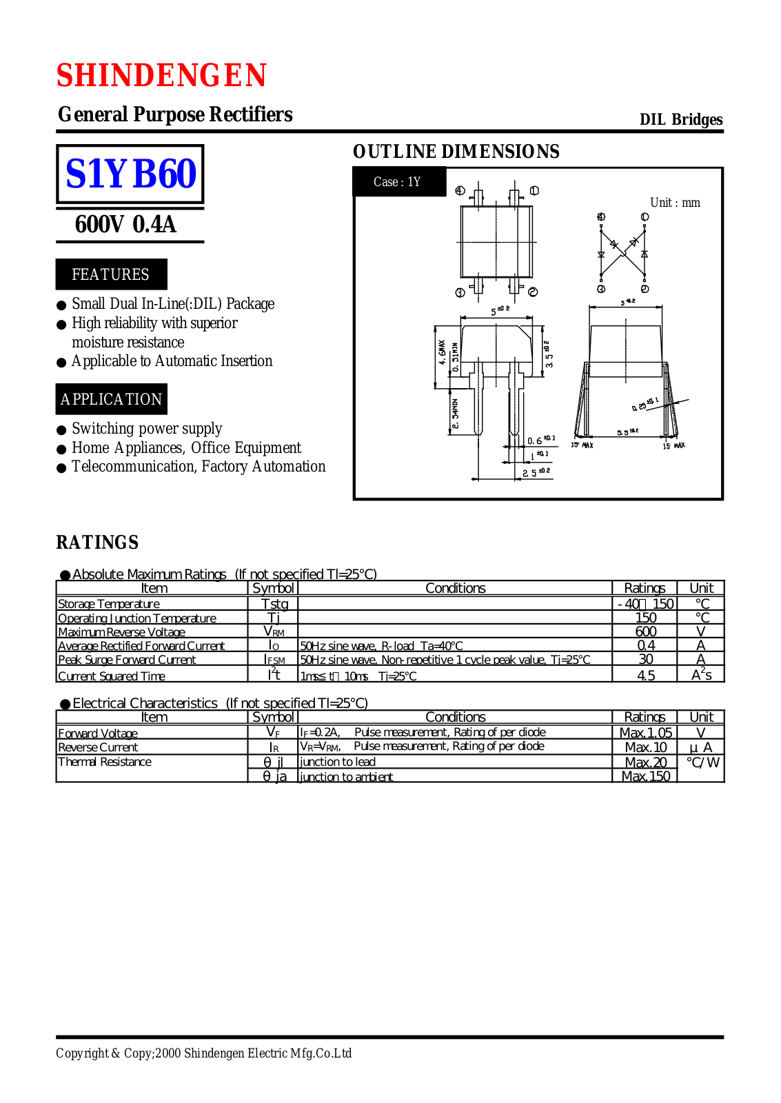 Shindengen Electric Manufacturing Company Ltd S1YB60 Datasheet