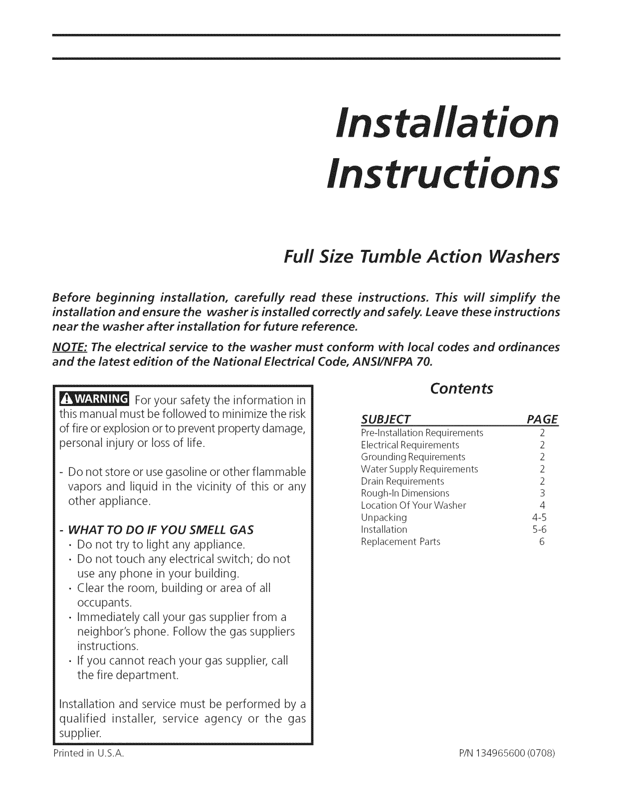 Crosley CFW5000FW1, ATF6000FS2, ATF6500GS0, ATF6700FE2, ATF8000FE1 Installation Guide