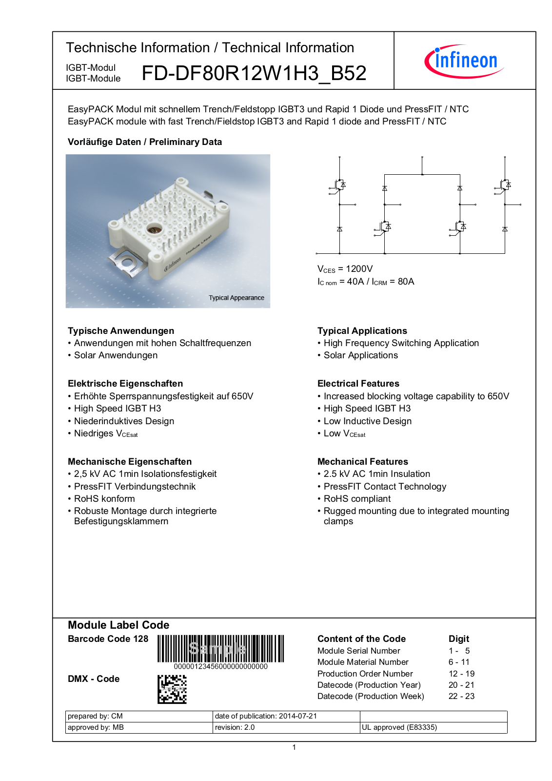 Infineon FD-DF80R12W1H3_B52 Data Sheet