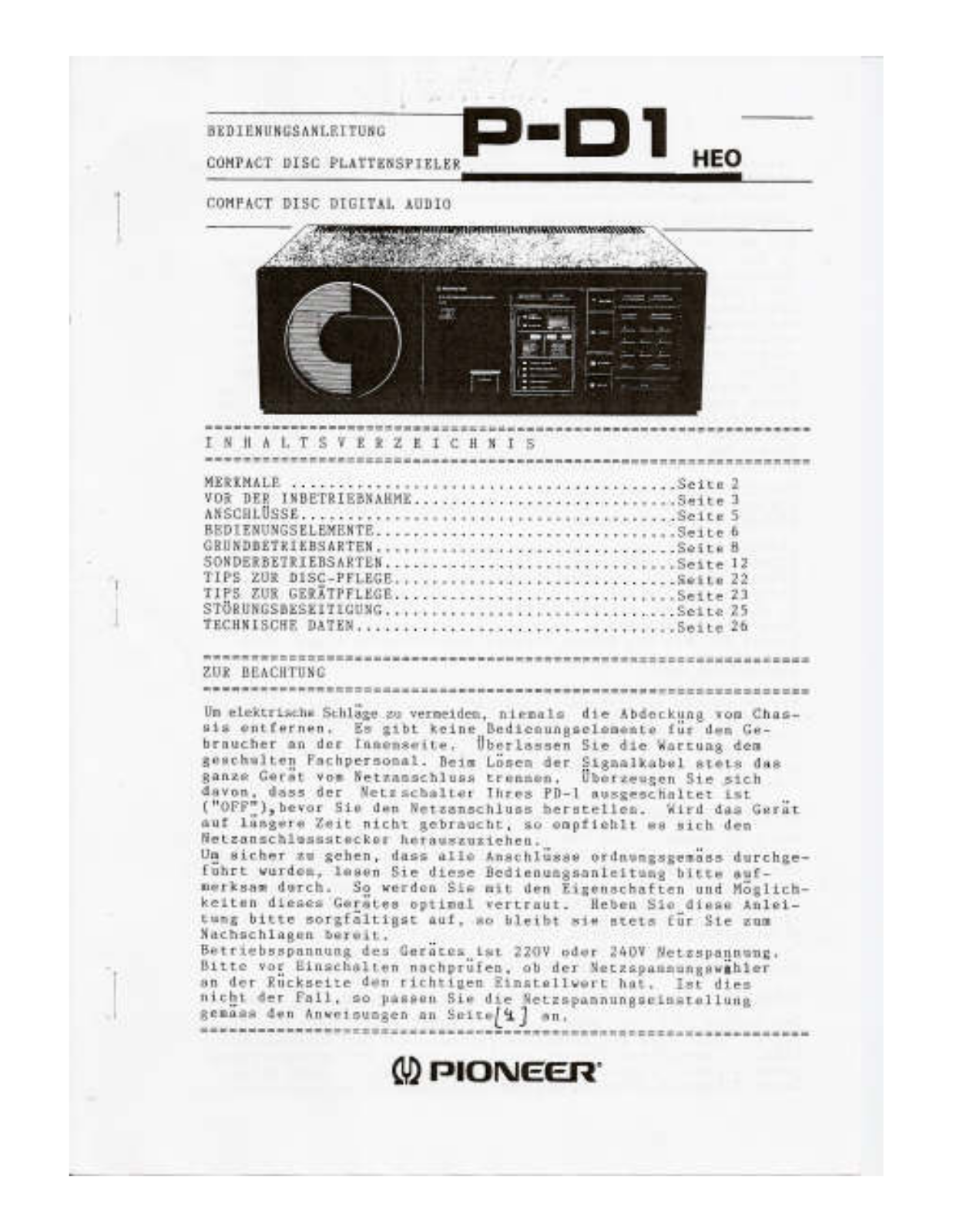 Pioneer PD-1 Owners manual