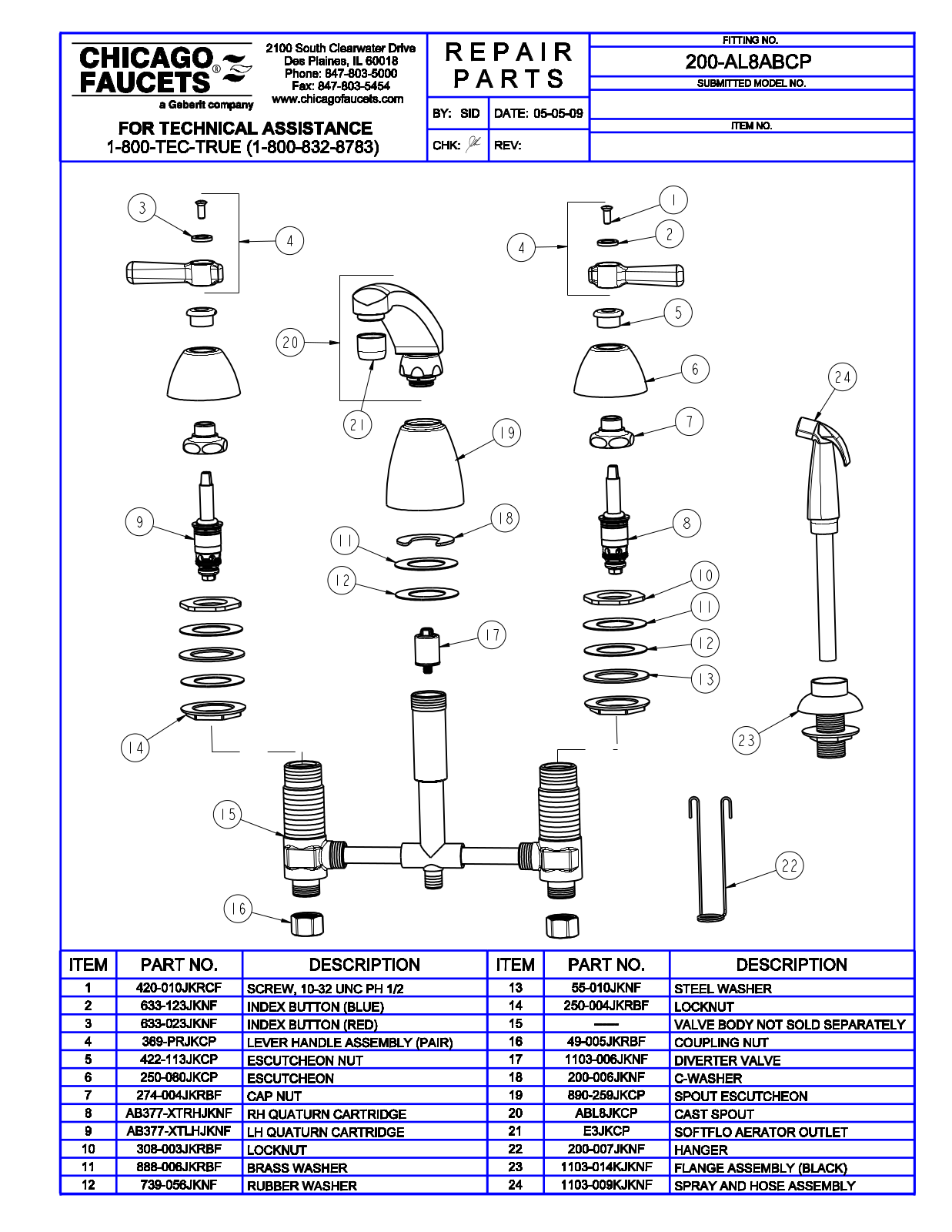 Chicago Faucet 200-AL8ABCP Parts List