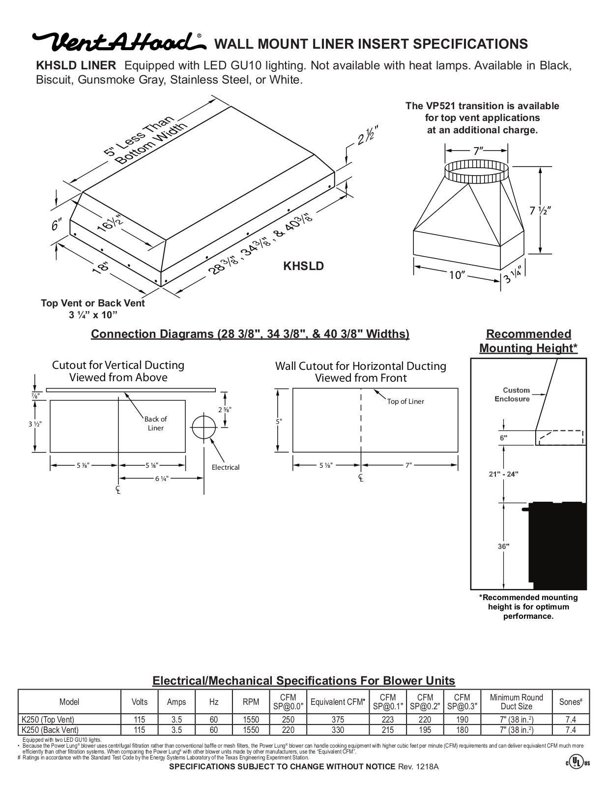 Vent-A-Hood KHSLD LINER SPECIFICATIONS