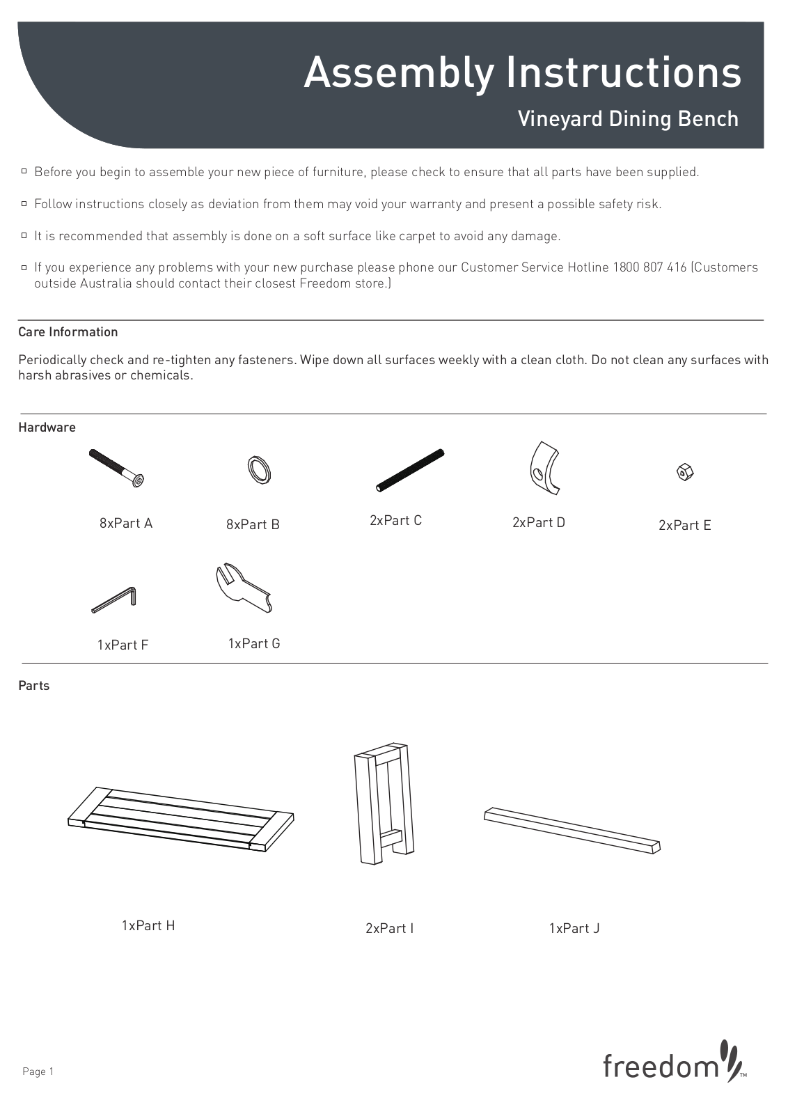 Freedom Vineyard Dining Bench Assembly Instruction