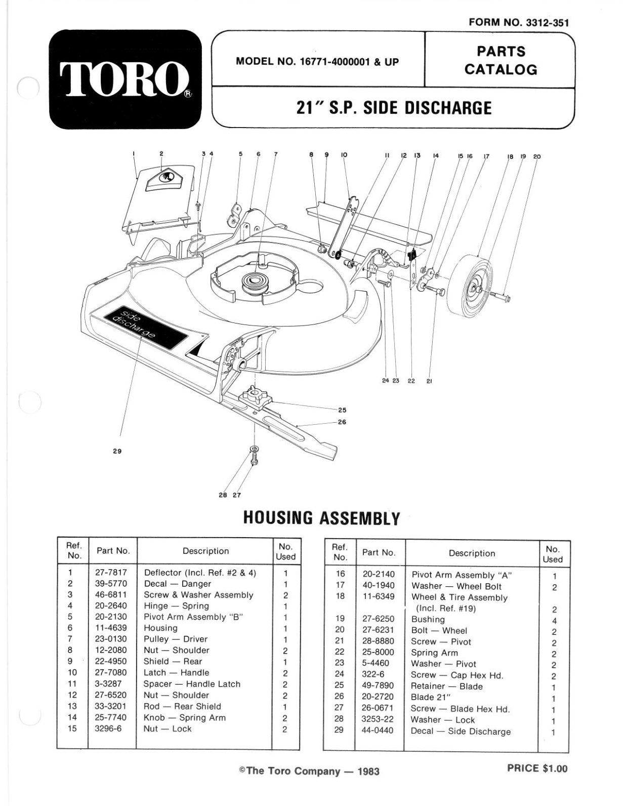 Toro 16771 Parts Catalogue