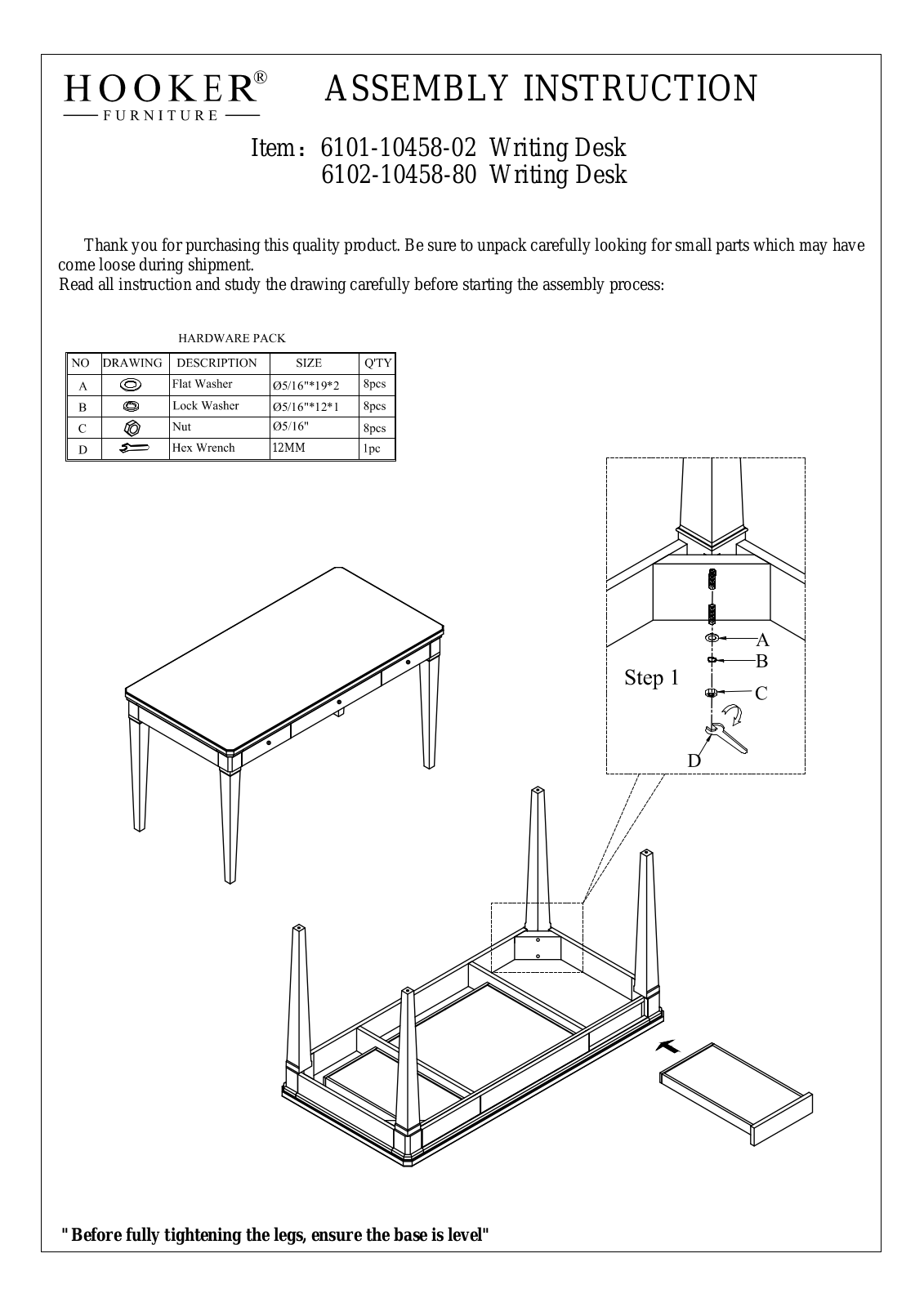 Hooker 6101-10458-02, 6102-10458-80 Assembly Instructions