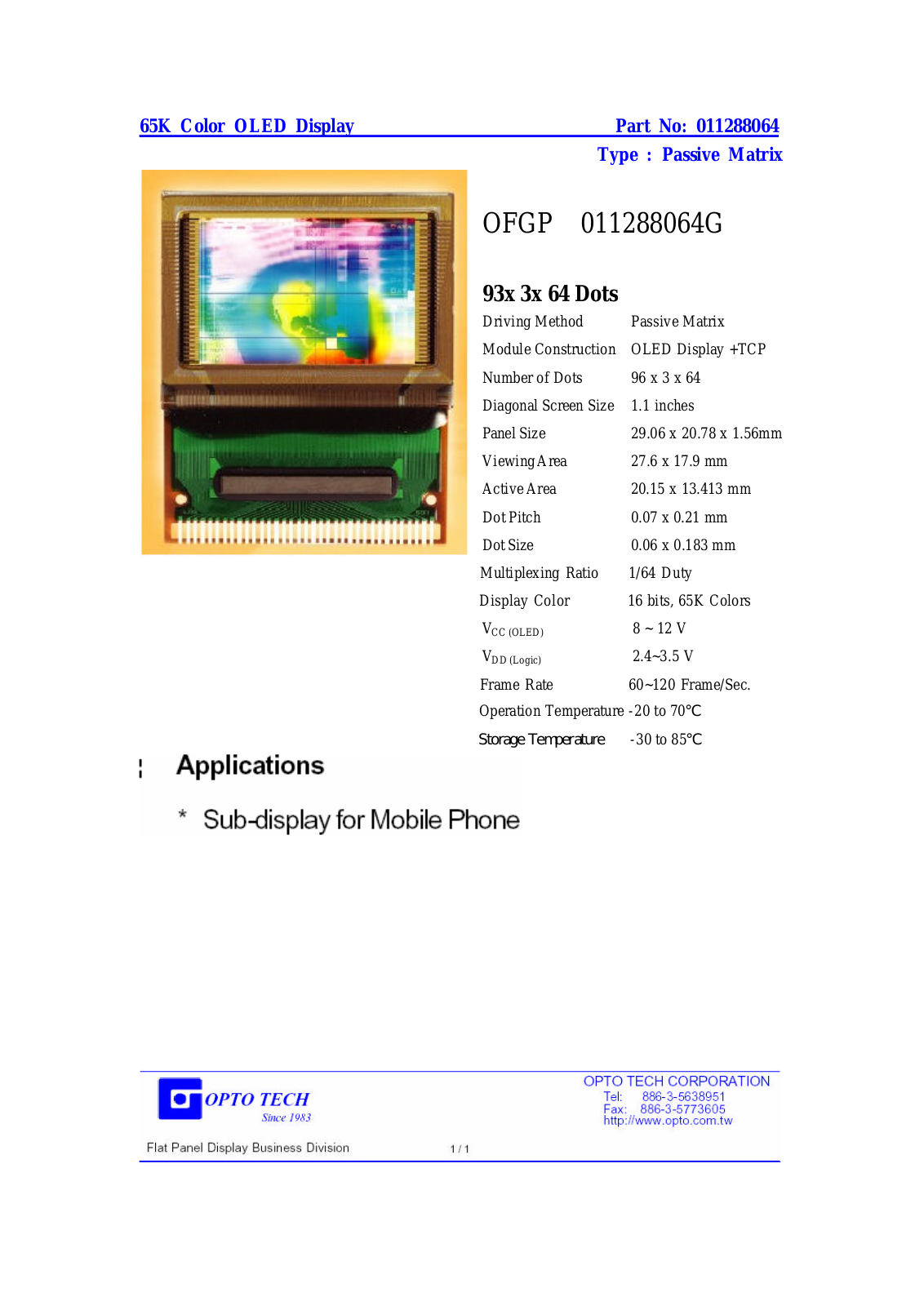 OPTO TECH OFGP011288064G Datasheet