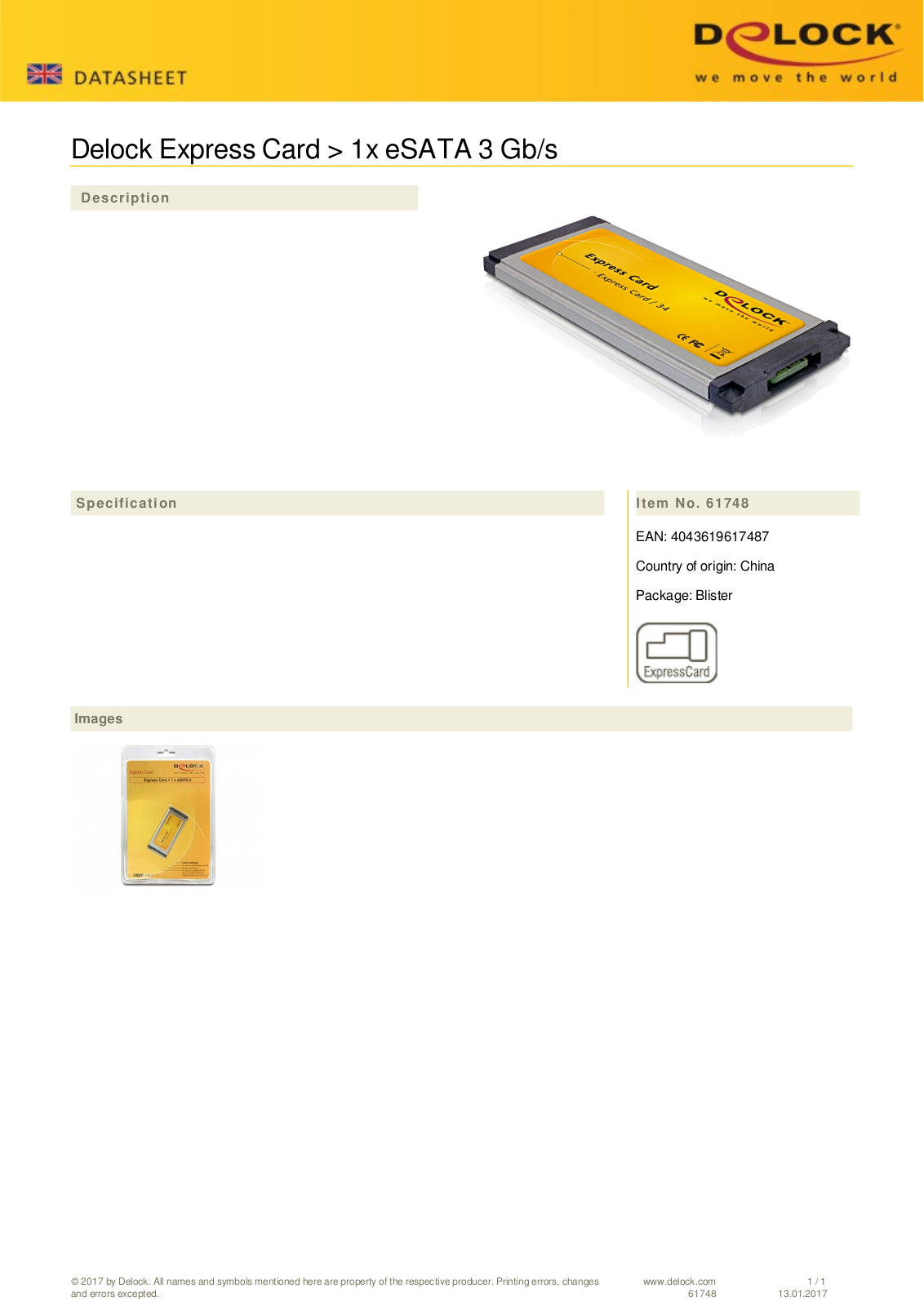 DeLOCK 1x eSATA ExpressCard-34 User Manual