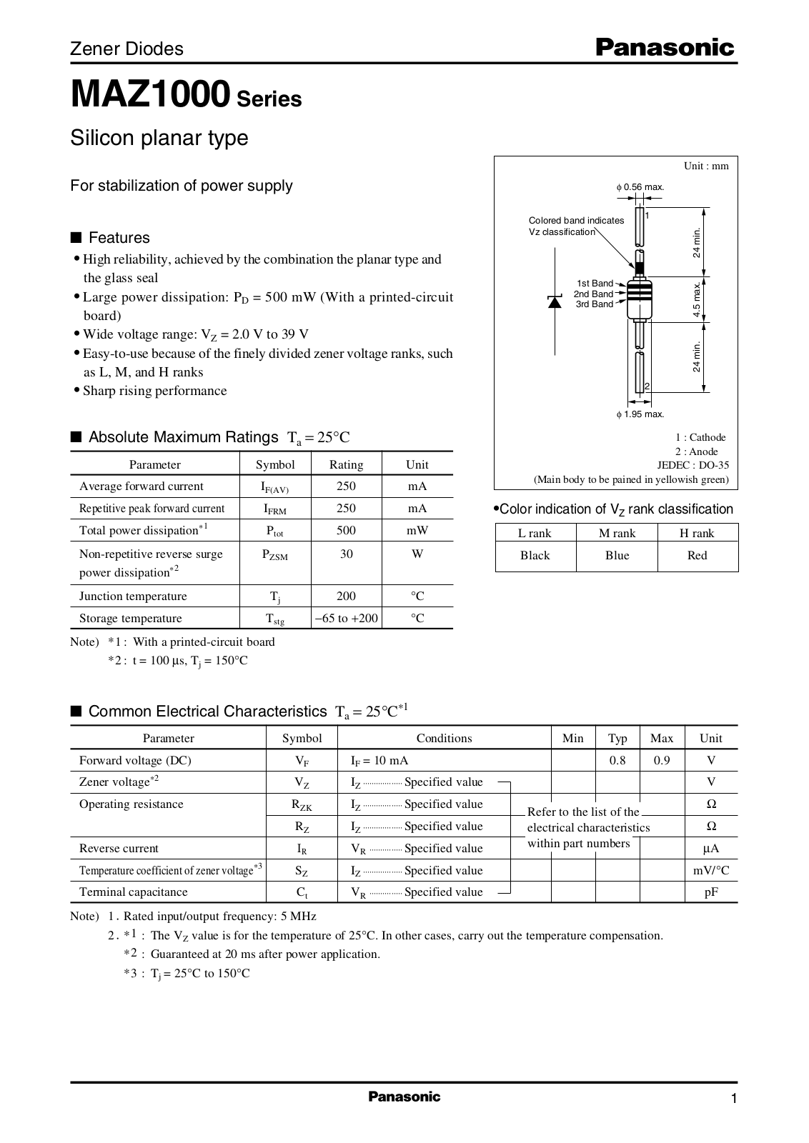 Panasonic MAZ1200, MAZ1180, MAZ1160, MAZ1150, MAZ1140 Datasheet