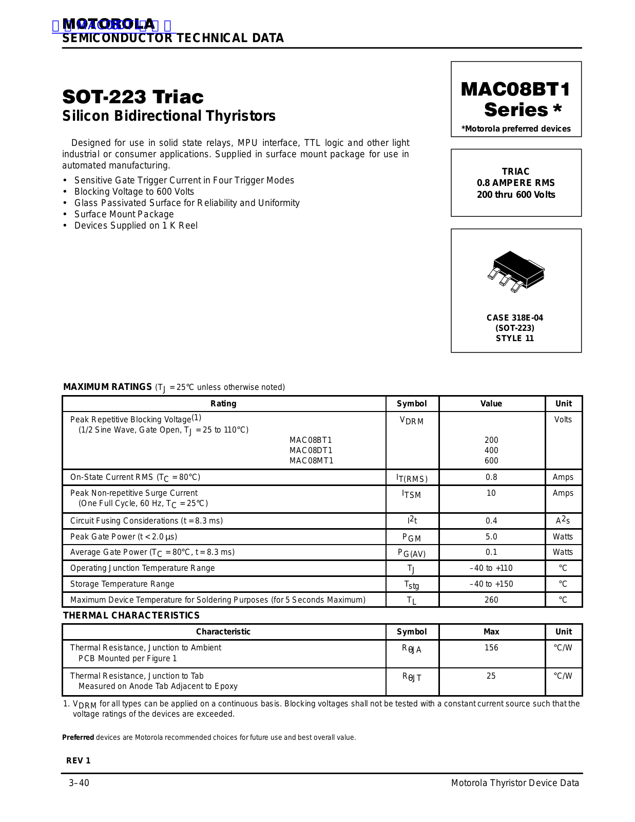 MOTOROLA MAC08BT1 Technical data