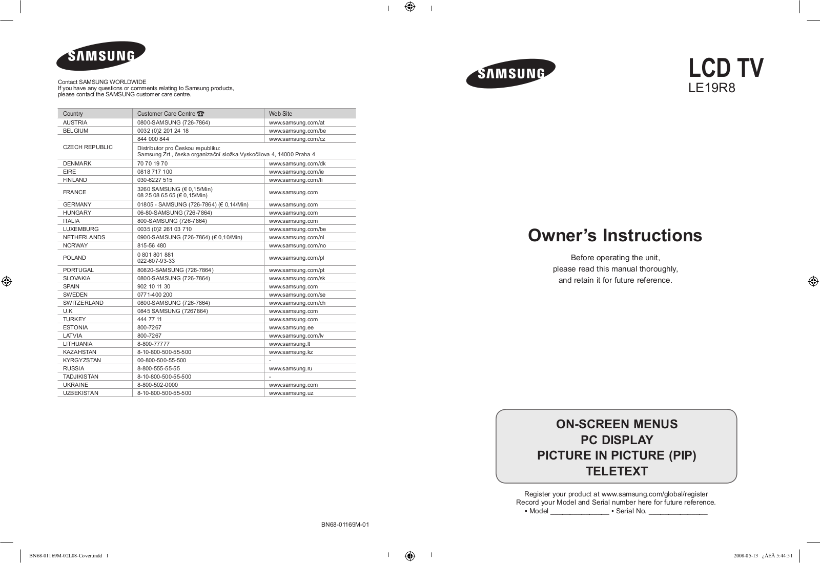 SAMSUNG LE19R86W, LE19R86WD, LE19R88BD User Manual