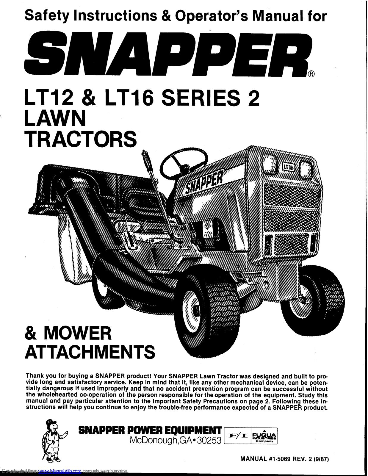 Snapper LT16 Series 2,LT12 Series 2 Safety Instructions & Operator's Manual